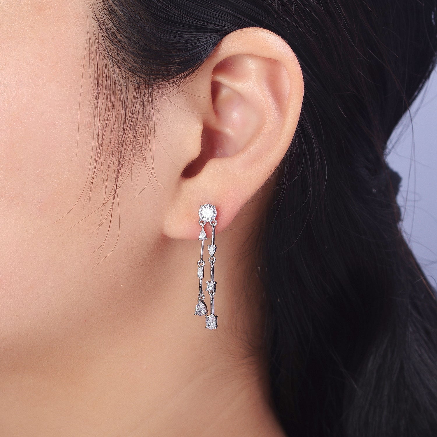 Drop Earring Long Silver Baguette Stone with CZ Geometric Earring Stud Jewelry AB1029 - DLUXCA