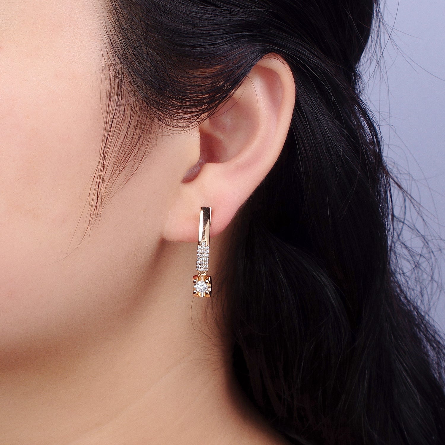 Dainty Huggie Earring Lever Back Earring with Small CZ Stone AB1057 - DLUXCA