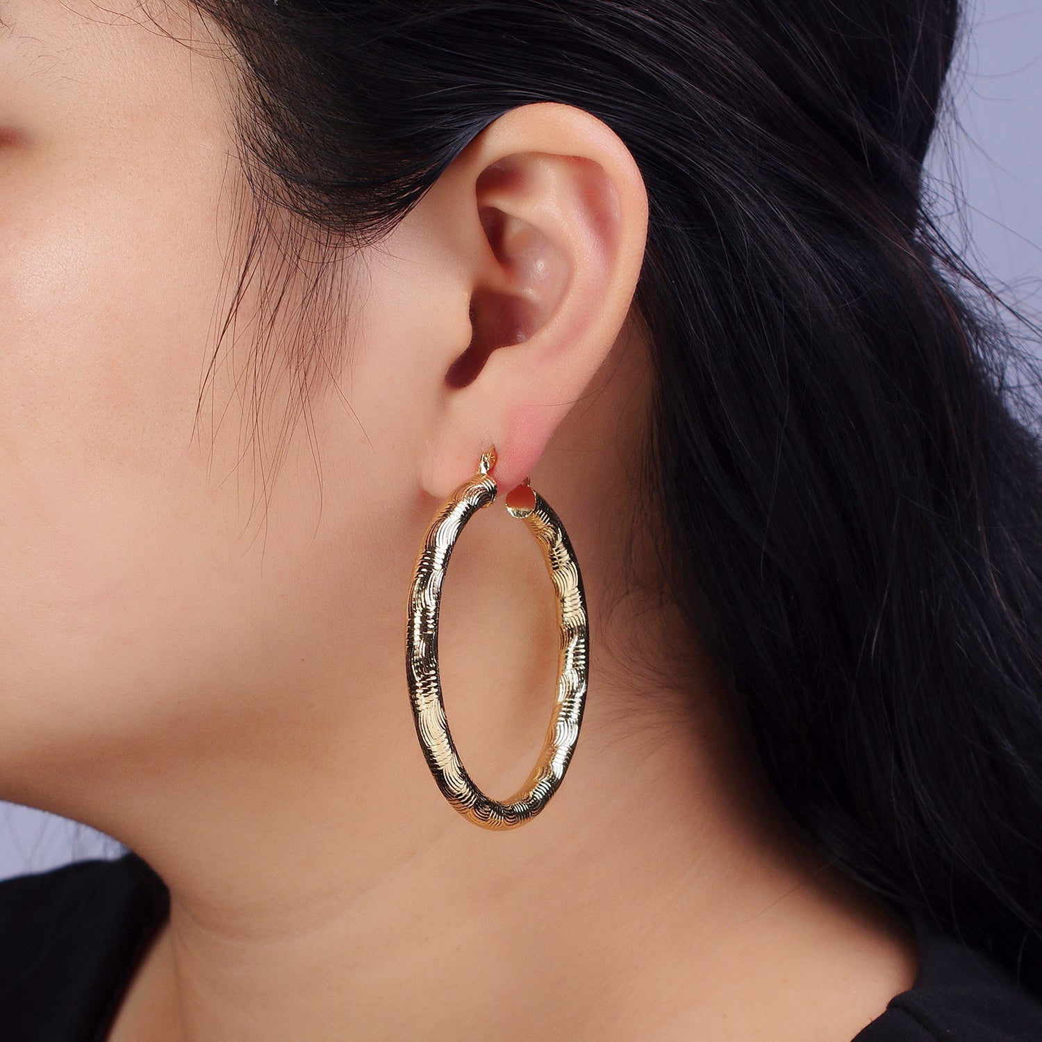 14K Gold Filled 40mm, 50mm, 60mm Curved Line Textured Latch Hoop Earrings | AB206 AB203 AB205 - DLUXCA