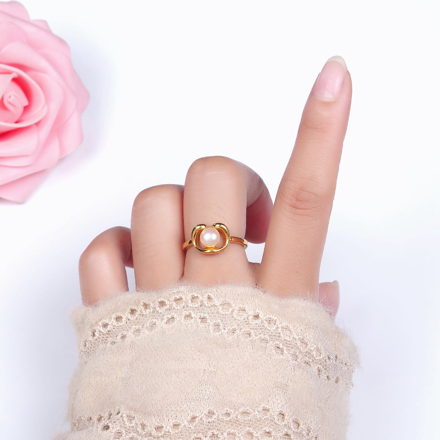 14K Gold Filled White, Pink Peal Open Outline Adjustable Ring in Silver & Gold | O672 - O675 - DLUXCA