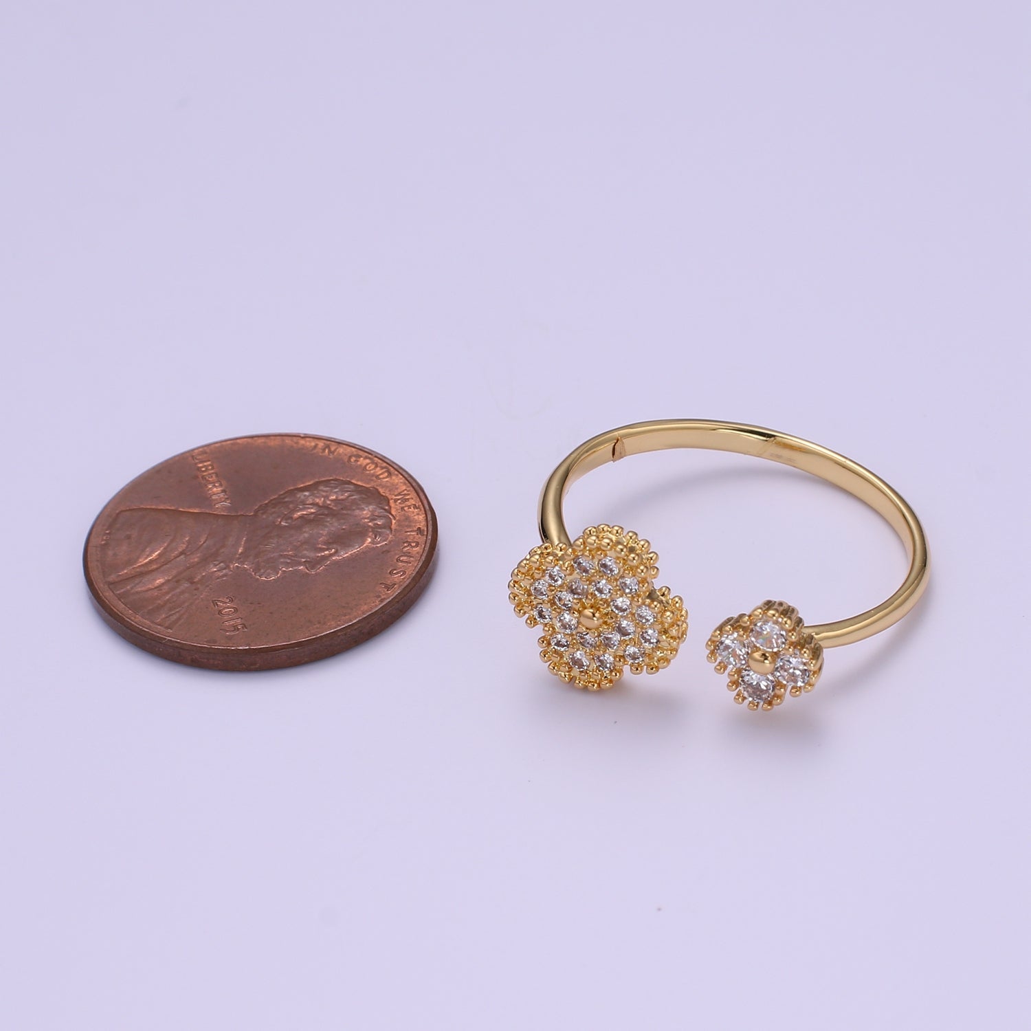 Dainty Cz Clover Ring, Gold Stacking Rings Jewelry Thin Flower Open Adjustable Ring O-957
