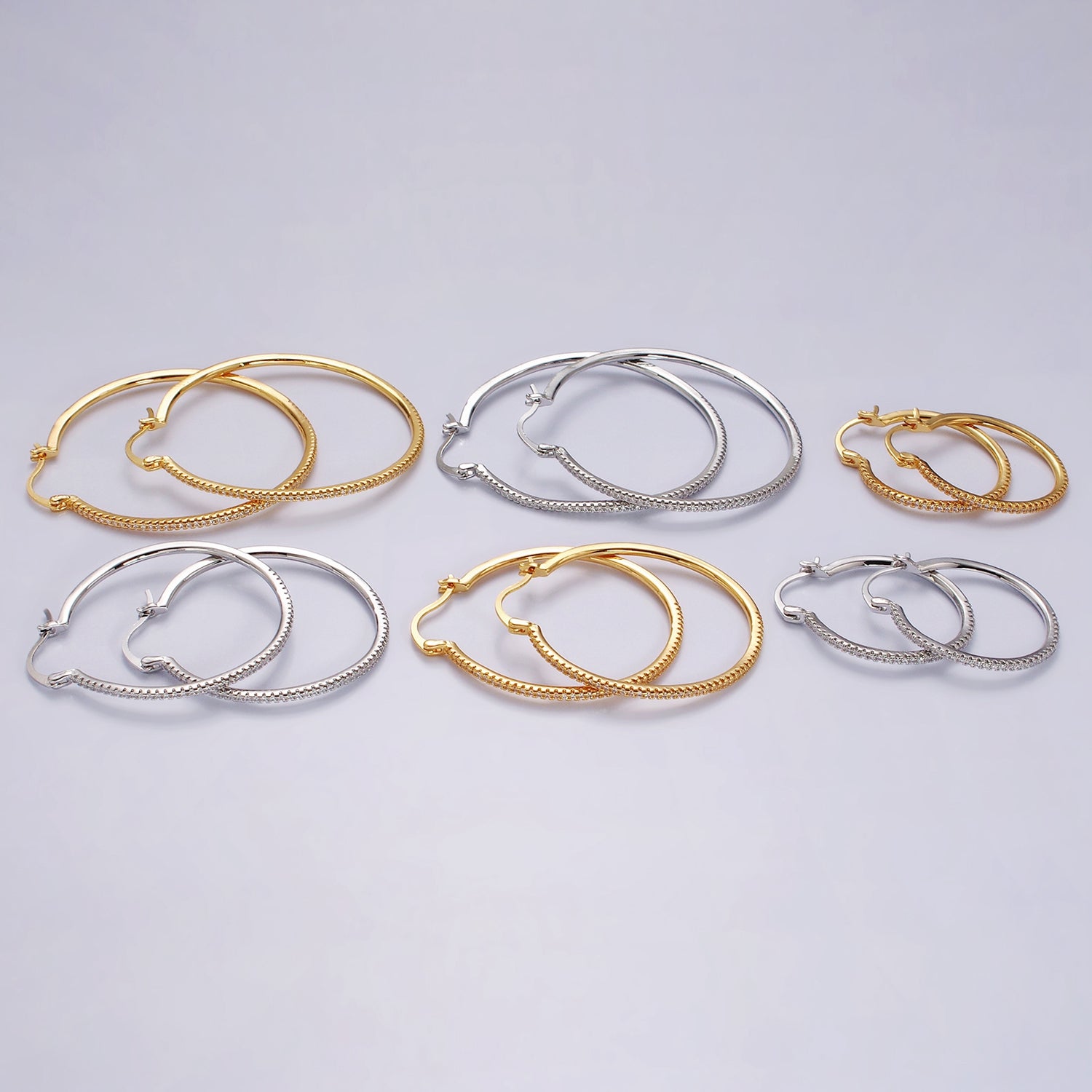 14K Gold Filled 40mm, 30mm, 50mm Clear Micro Paved CZ Latch Hoop Earrings in Gold & Silver | AE139 - AE144 - DLUXCA