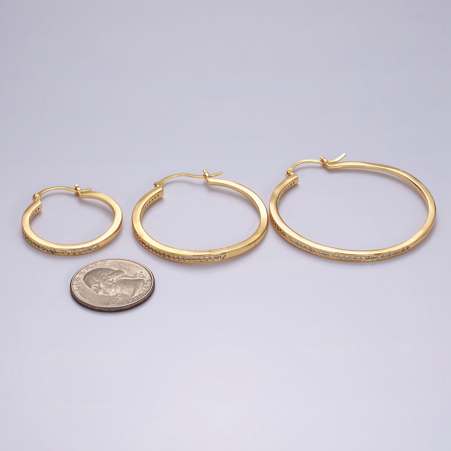 14K Gold Filled 30mm, 40mm, 50mm Clear CZ Lined Latch Hoop Earrings in Gold & Silver | AE145 - AE150 - DLUXCA