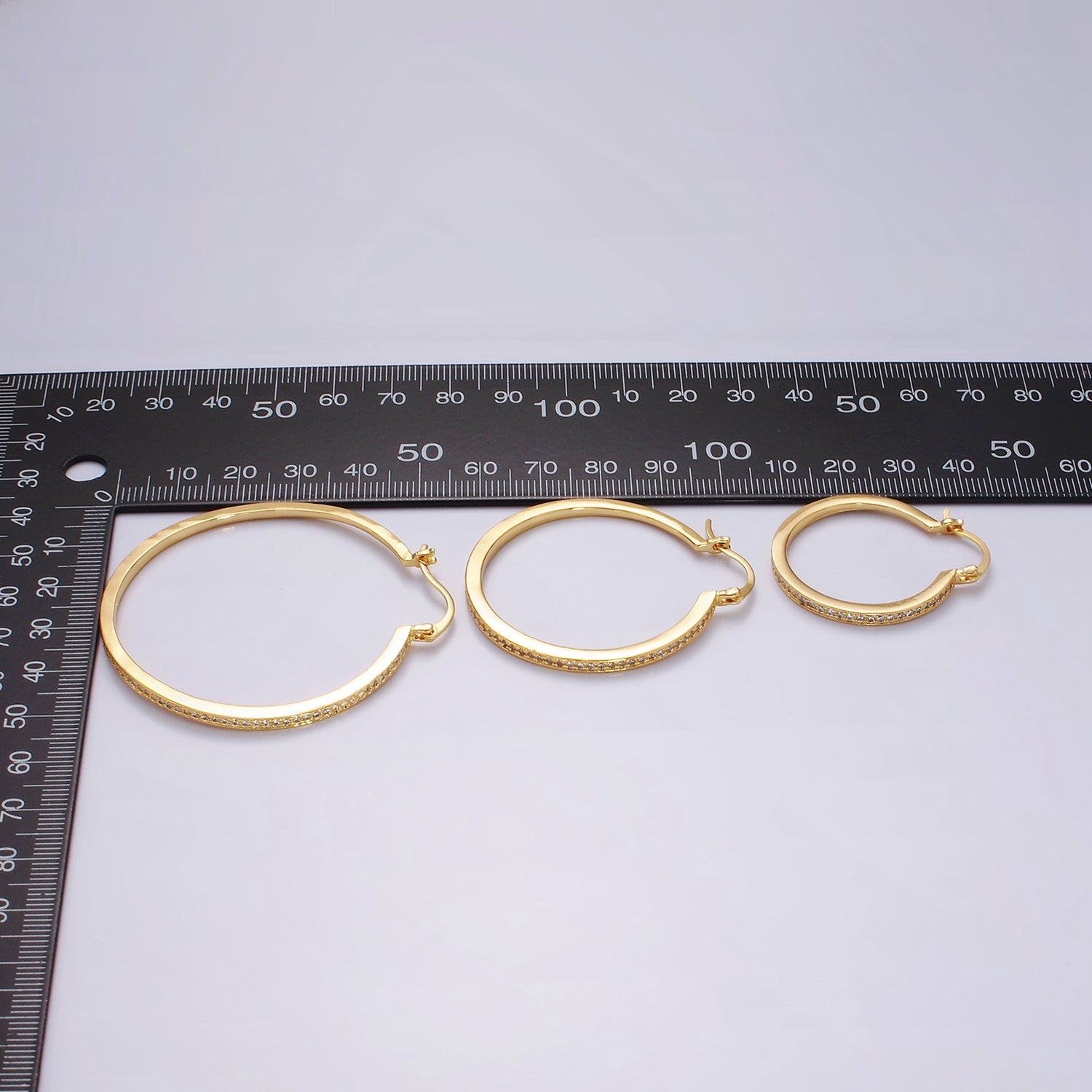 14K Gold Filled 30mm, 40mm, 50mm Clear CZ Lined Latch Hoop Earrings in Gold & Silver | AE145 - AE150 - DLUXCA