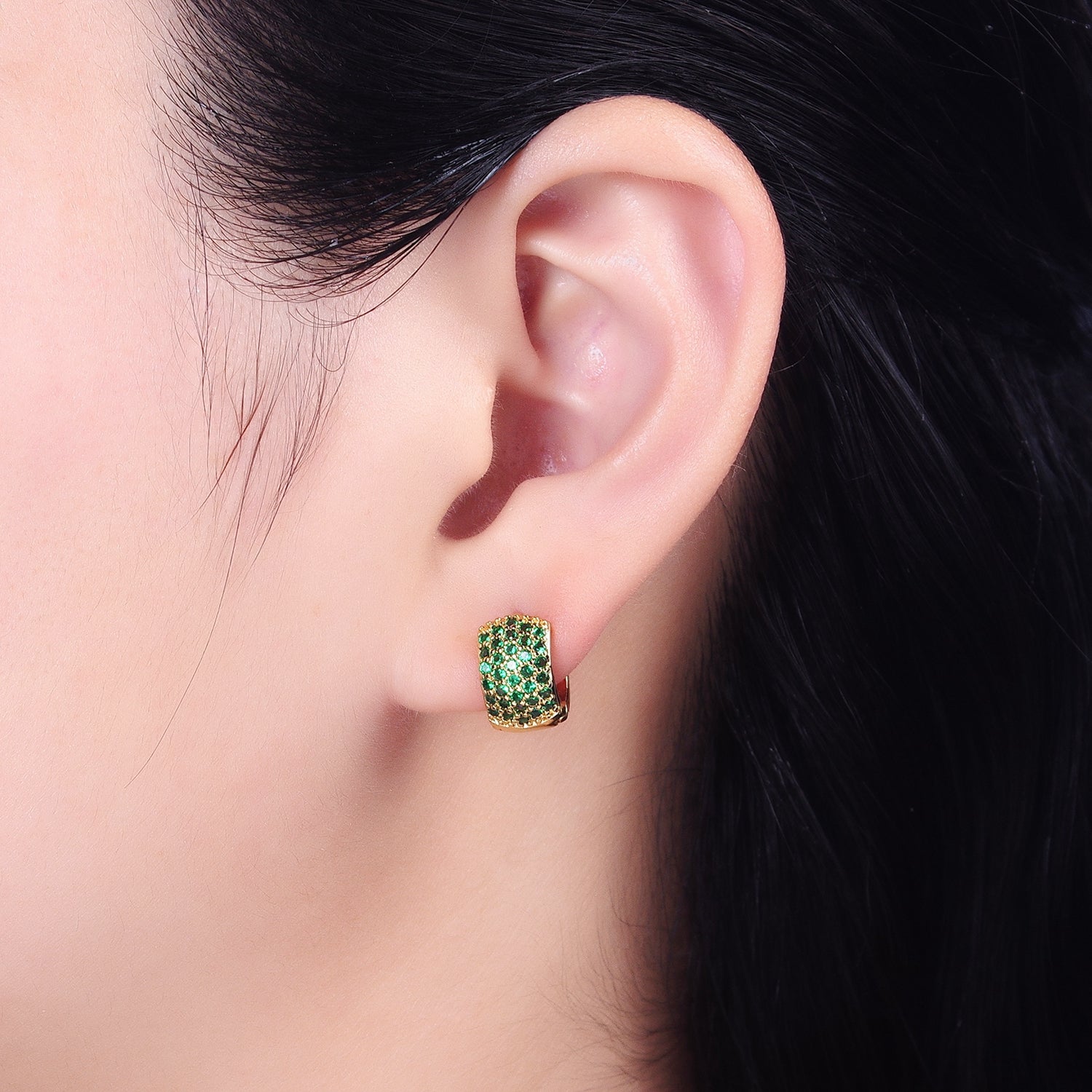 14K Gold Filled Emerald Green Micro Paved CZ Wide 13mm Huggie Earrings in Gold & Silver | AB1514 AB1515 - DLUXCA