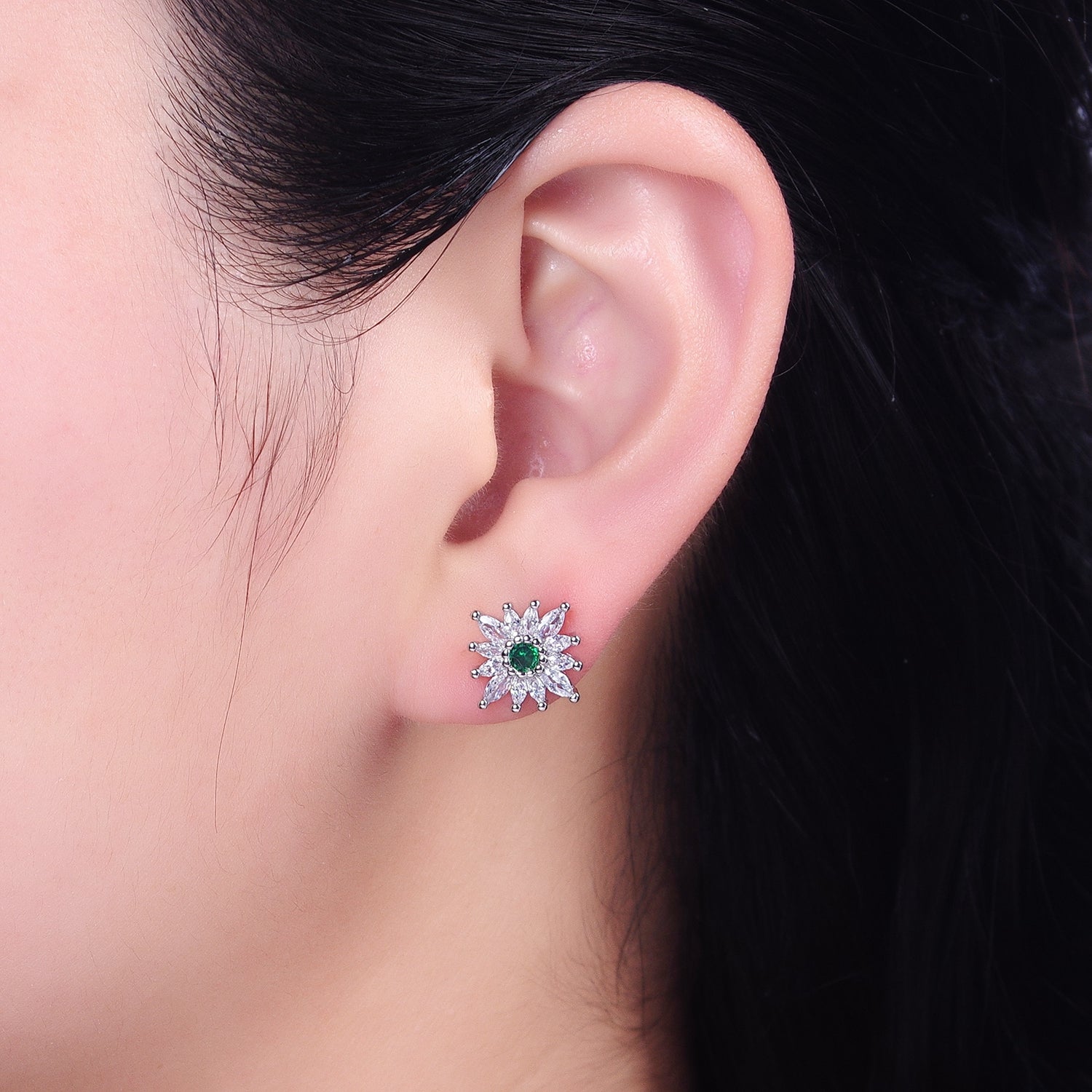 14K Gold Filled Celestial Emerald Green Flower Marquise Petal Stud Earrings in Gold & Silver | X935 AB1505 - DLUXCA