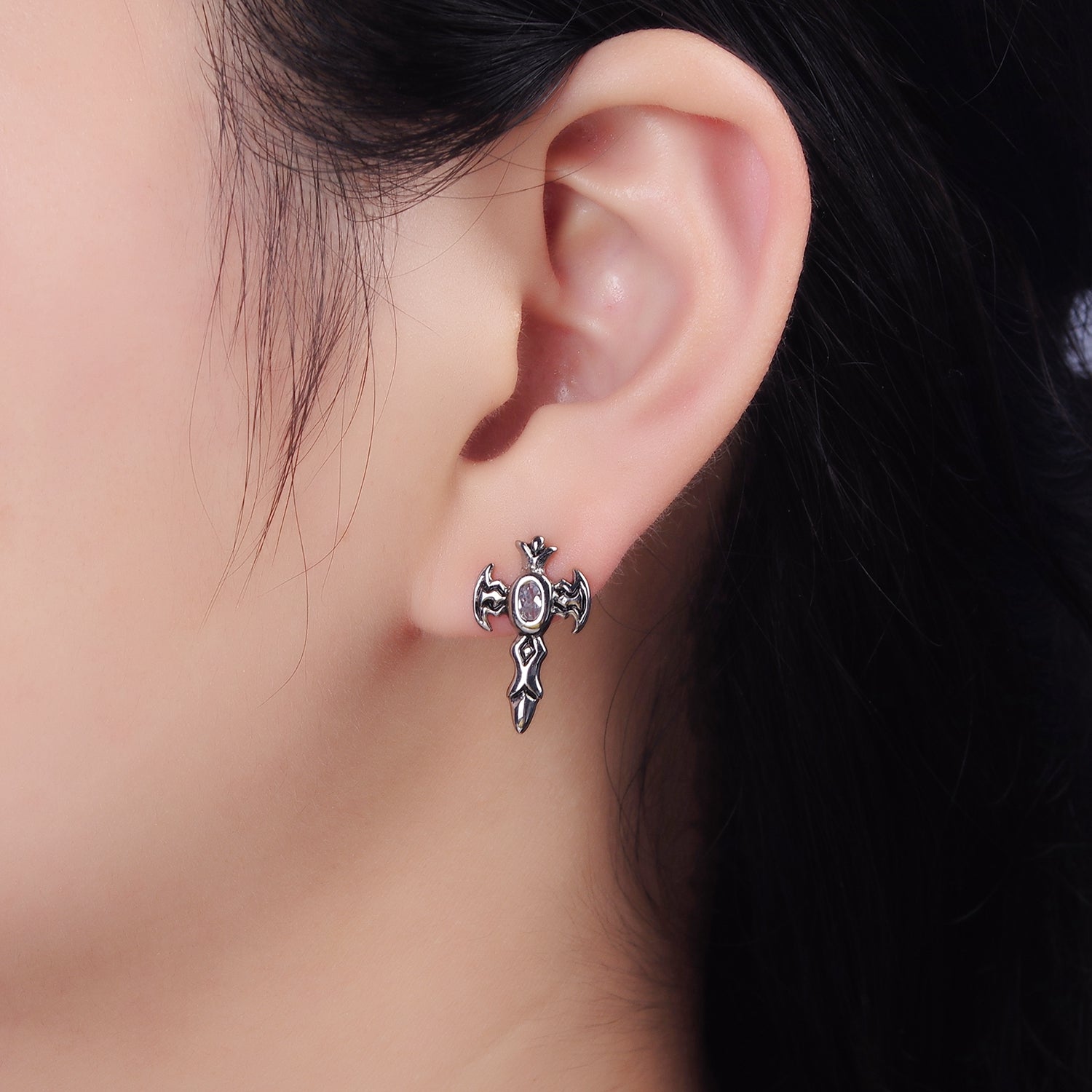 Stainless Steel Clear Oval CZ Artisan Cross Bat Wings Stud Earrings | AE693 - DLUXCA