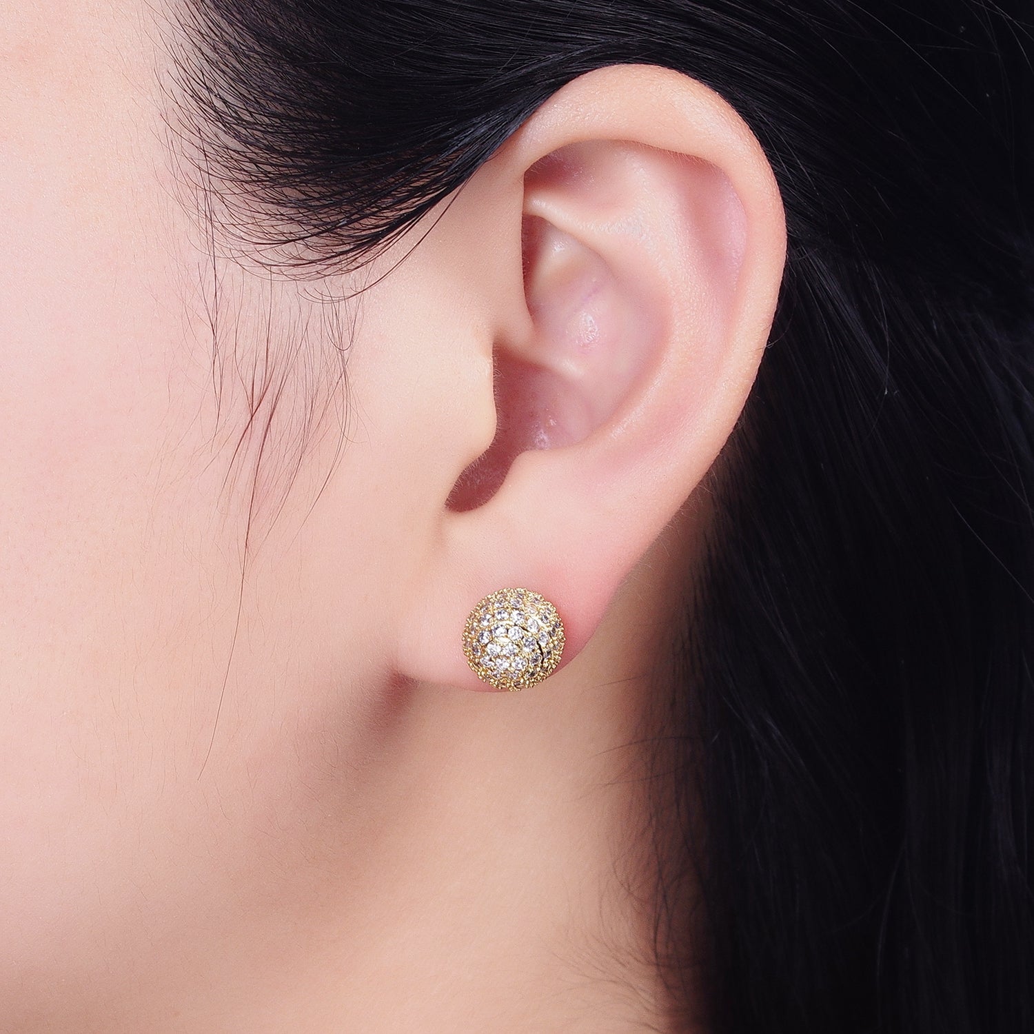 Gold 8mm, 10mm Round Shambala Bead Micro Paved Stud Earrings | AB1010 AB1011 - DLUXCA