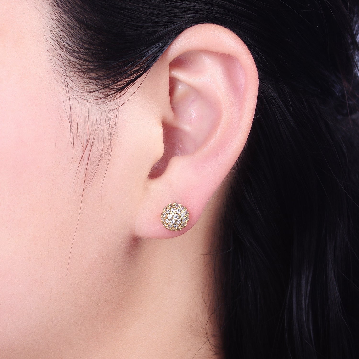 Gold 8mm, 10mm Round Shambala Bead Micro Paved Stud Earrings | AB1010 AB1011 - DLUXCA