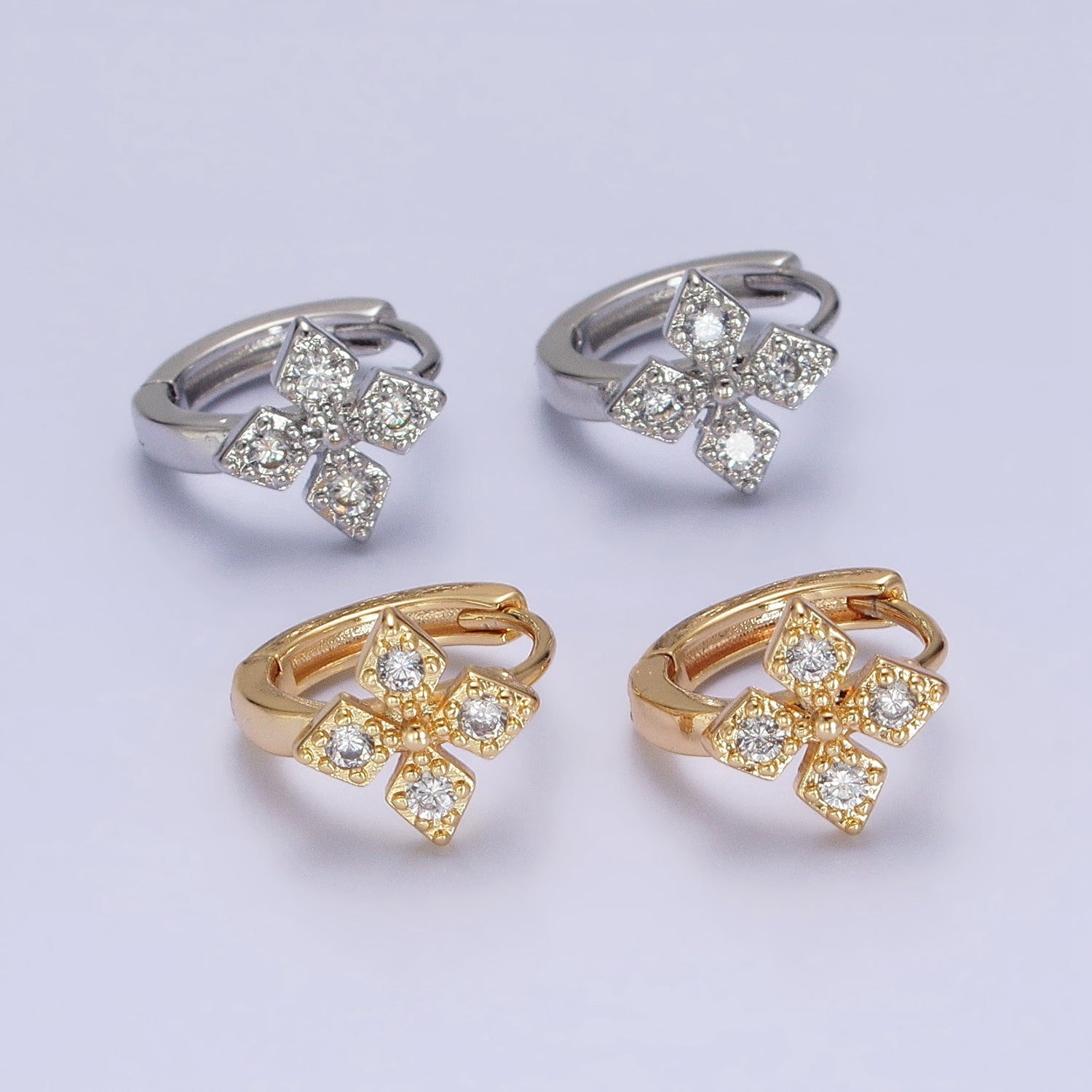 16K Gold Filled Cross Geometric CZ Huggie Earrings in Gold & Silver | AB1447 AB1448 - DLUXCA