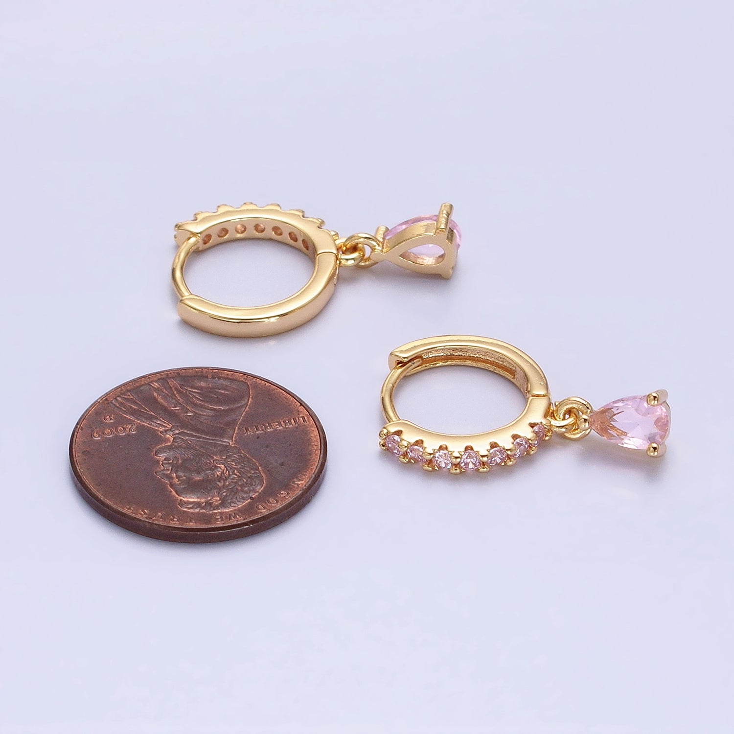 Silver, Gold Pink Teardrop Micro Paved CZ Drop Dangle Huggie Earrings | AB1099 AD786 - DLUXCA