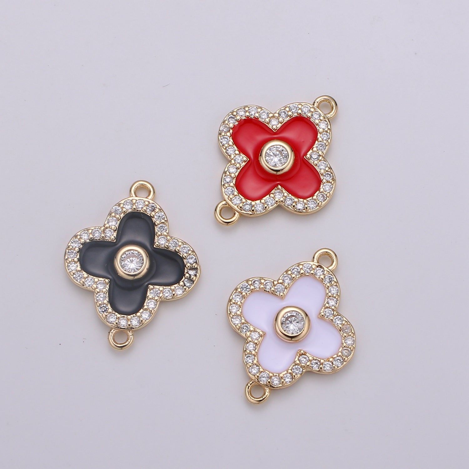 Dainty Shamrock Charm Connector, White Enamel Flower Link Connector, Black Quatrefoil, Four Leaf Flower Daisy Clover Earring Bracelet necklace connector F-810 F-811 F-812