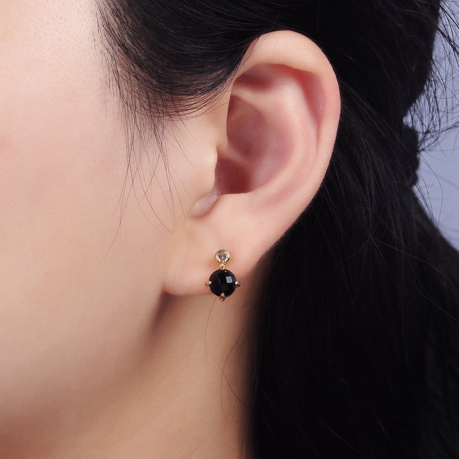 14K Gold Filled 11mm Tiger Eye, Black Agate Multifaceted Round CZ Drop Stud Earrings | V046 - V048 - DLUXCA