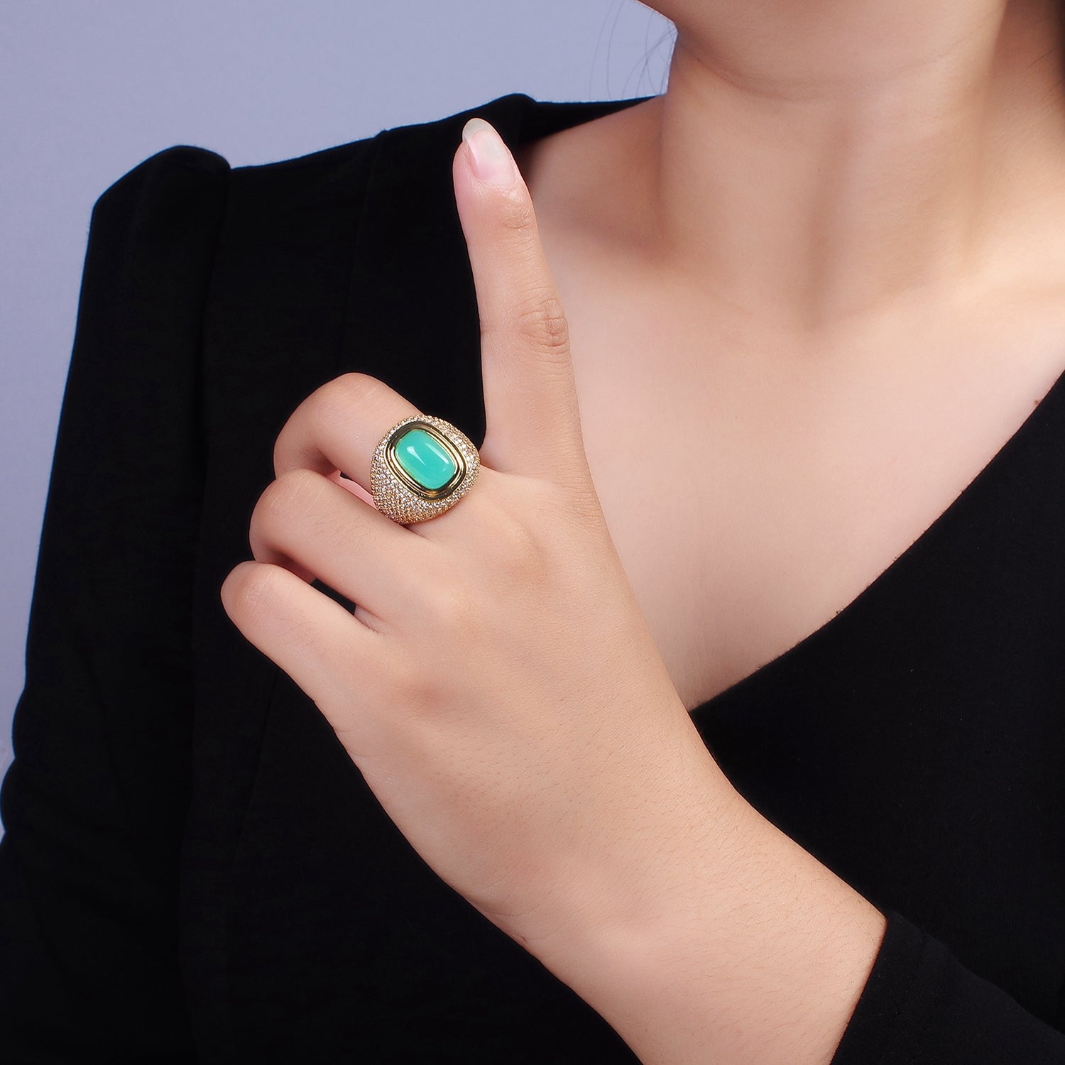 14K Gold Filled Amazonite Clear Micro Paved CZ Wide Signet Ring | O1095 - DLUXCA