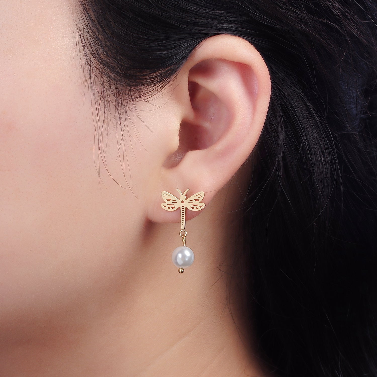 Stainless Steel Open Dragonfly Insect Animal Pearl Drop Stud Earrings | V045 - DLUXCA