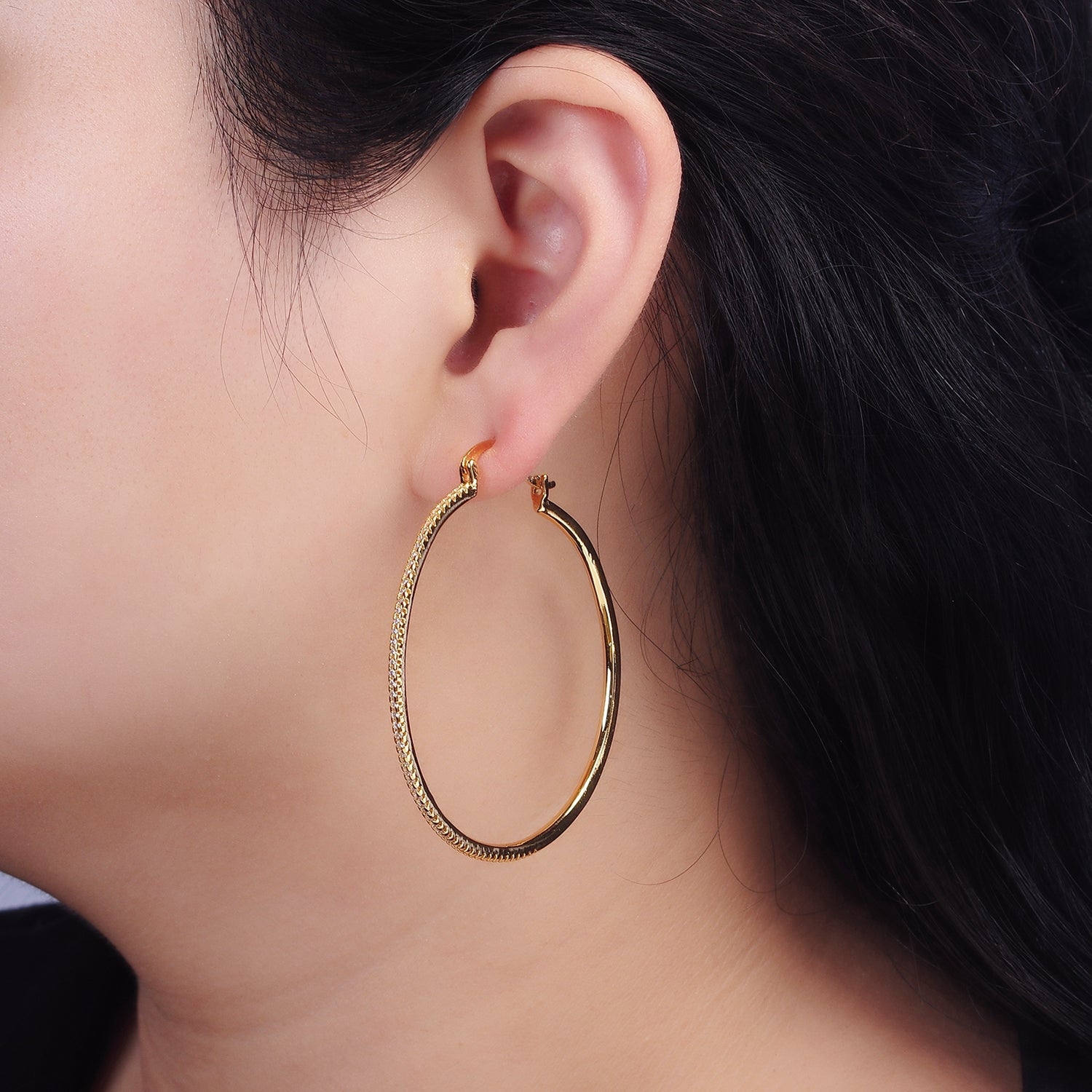 14K Gold Filled 40mm, 30mm, 50mm Clear Micro Paved CZ Latch Hoop Earrings in Gold & Silver | AE139 - AE144 - DLUXCA