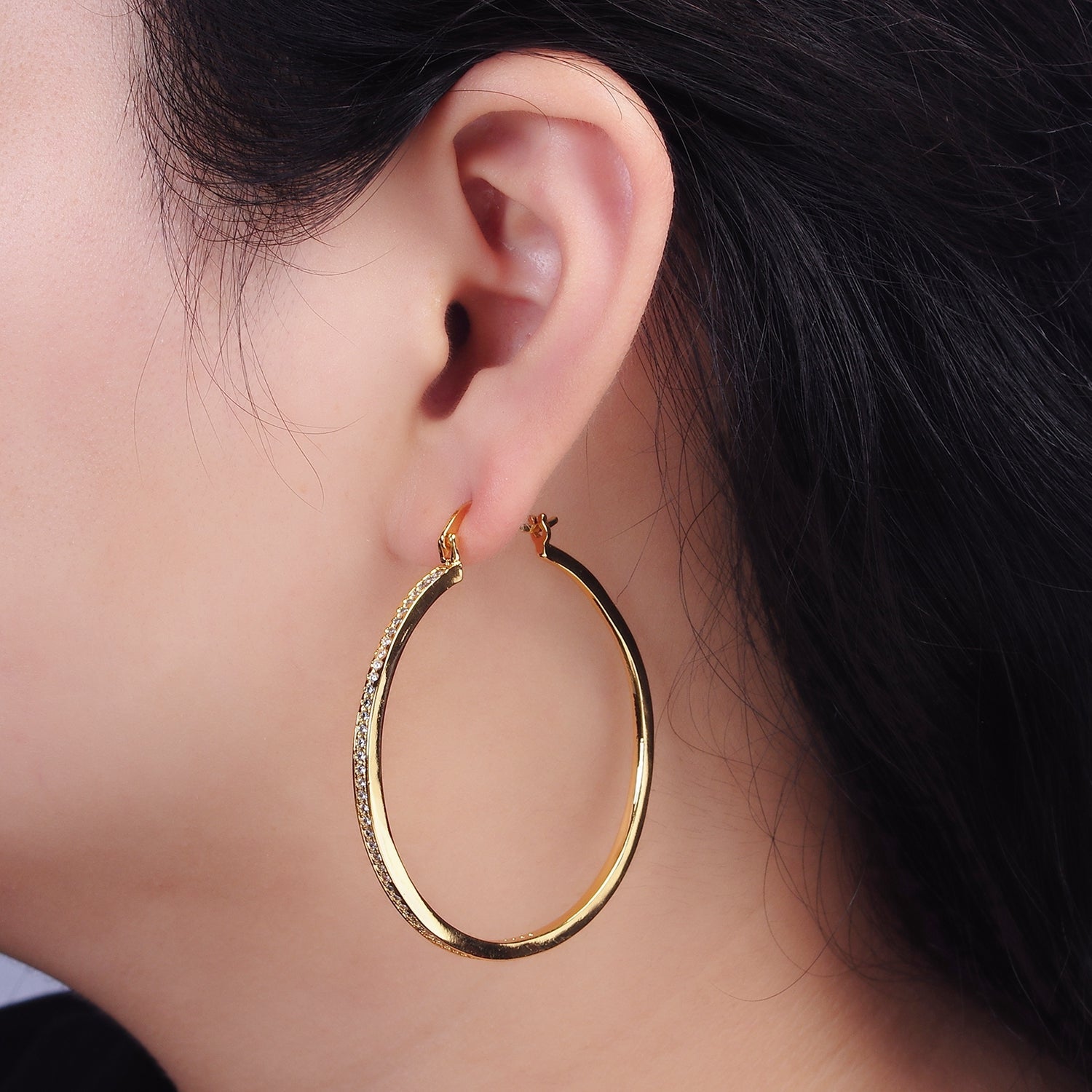 14K Gold Filled 30mm, 40mm, 50mm Clear CZ Lined Latch Hoop Earrings in Gold & Silver | AE145 - AE150