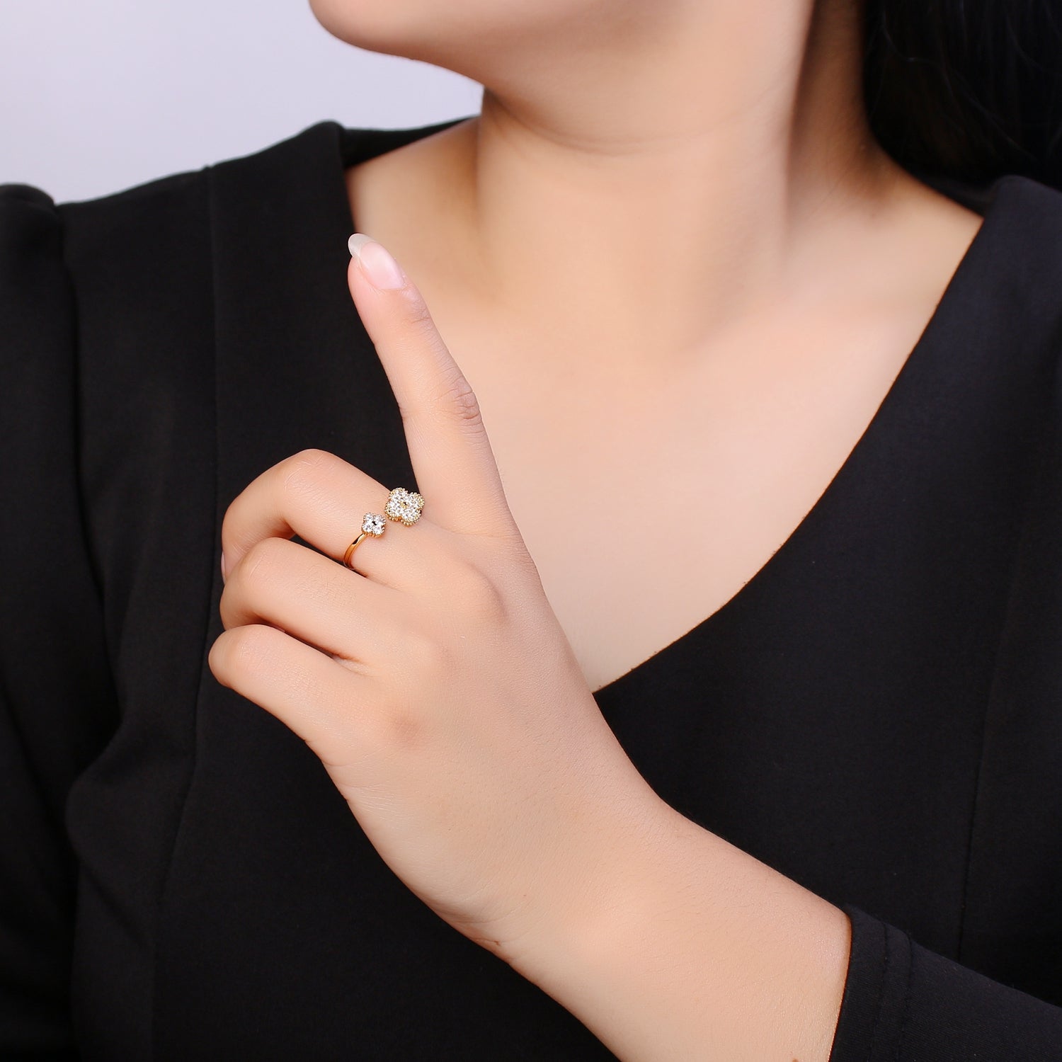 Dainty Cz Clover Ring, Gold Stacking Rings Jewelry Thin Flower Open Adjustable Ring O-957