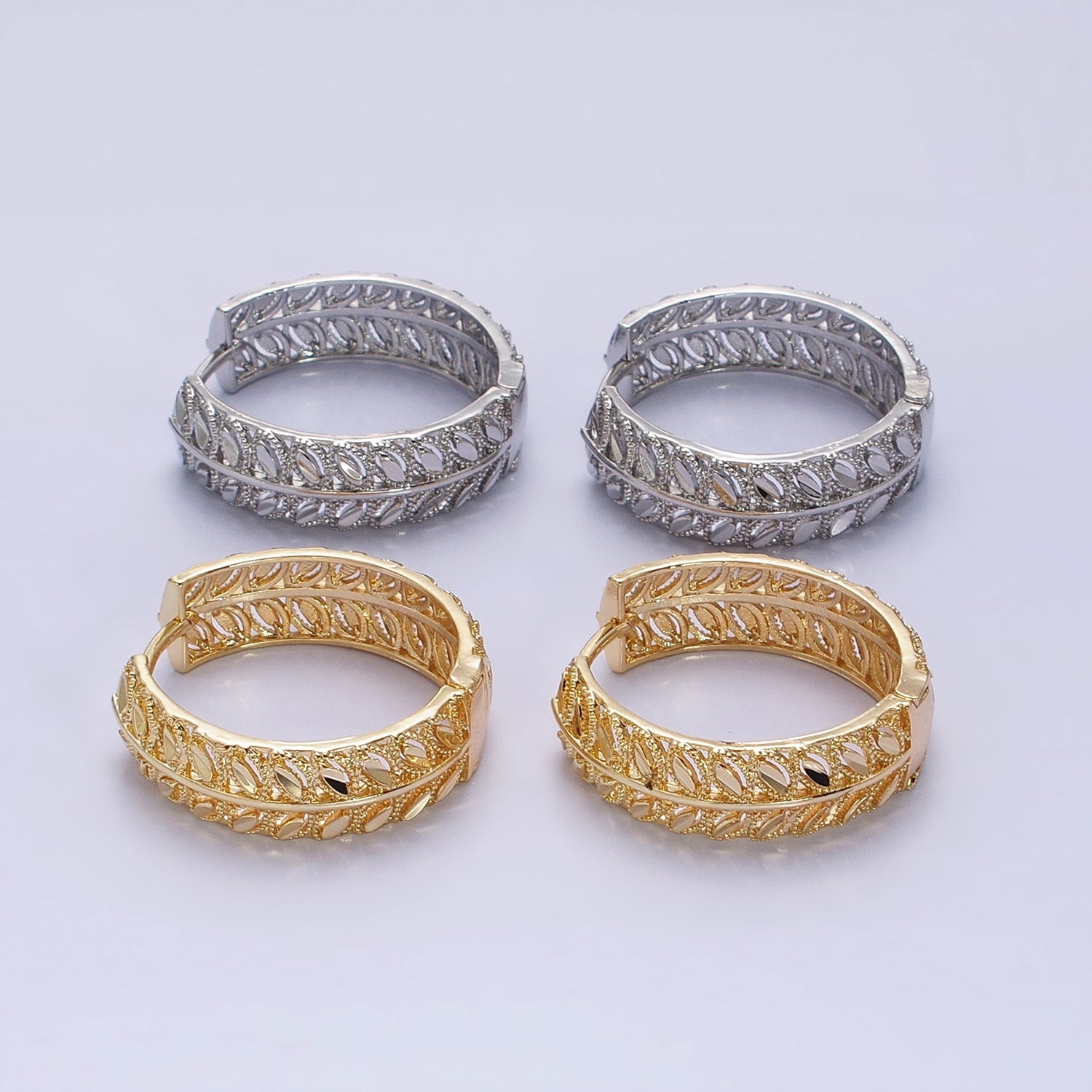 16K Gold Filled Marquise CZ V Wheat Paddy 30mm Endless Hoop Earrings in Gold & Silver | AB1433 AB1434 - DLUXCA