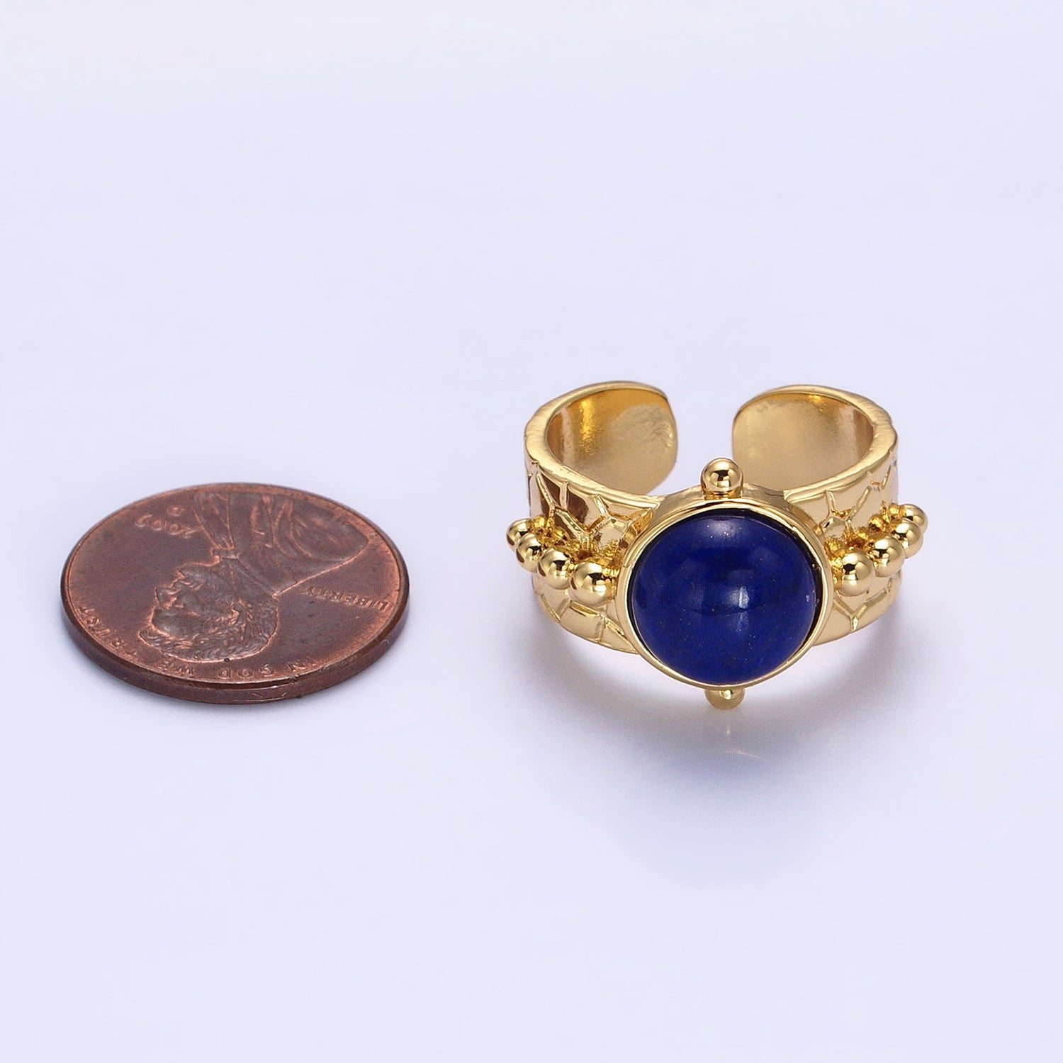 Magnesite, White Opal, Lapis Lazuli Natural Gemstone Beaded Lined Textured Gold Band Ring | AB1316 AB1317 AB1319 - DLUXCA