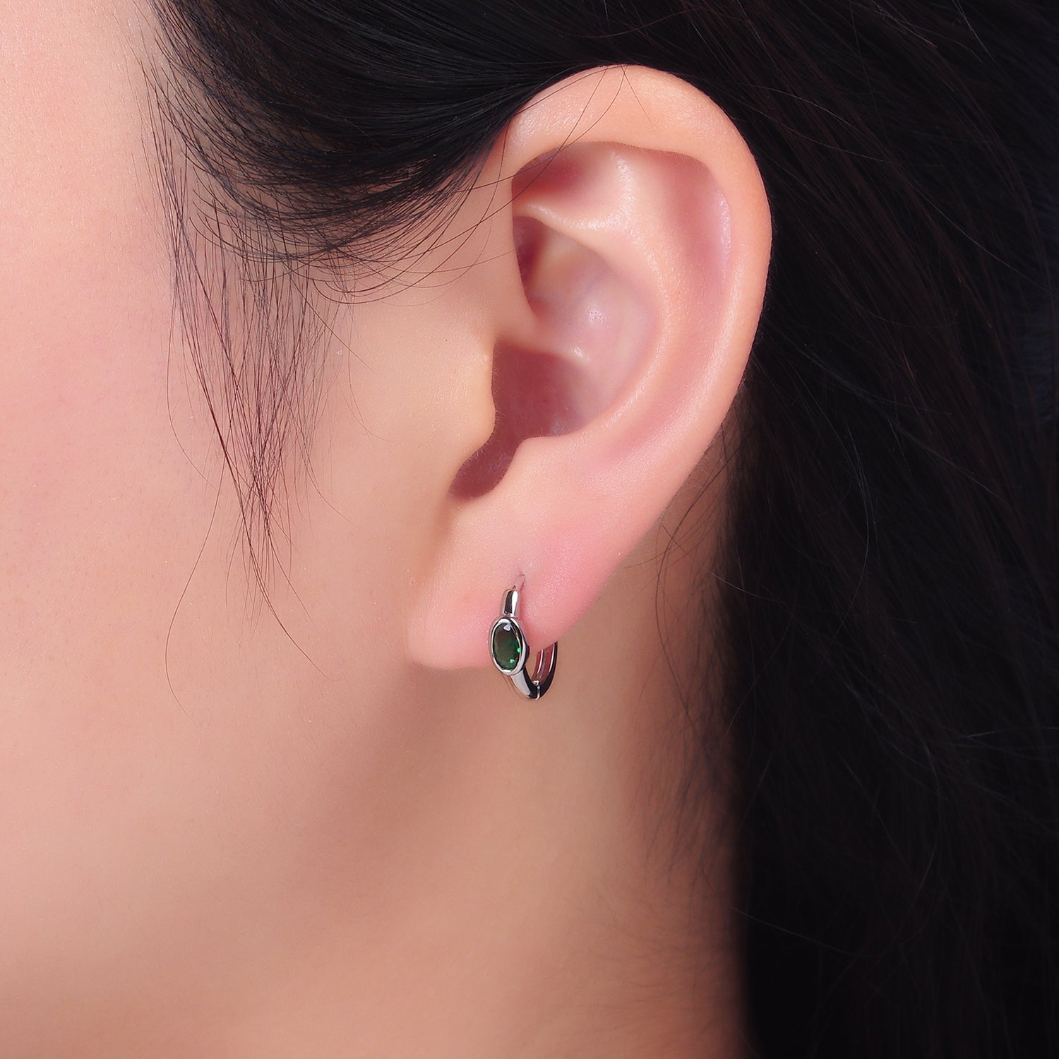 S925 Sterling Silver Green CZ 13mm Cartilage Huggie Earrings | SL-561