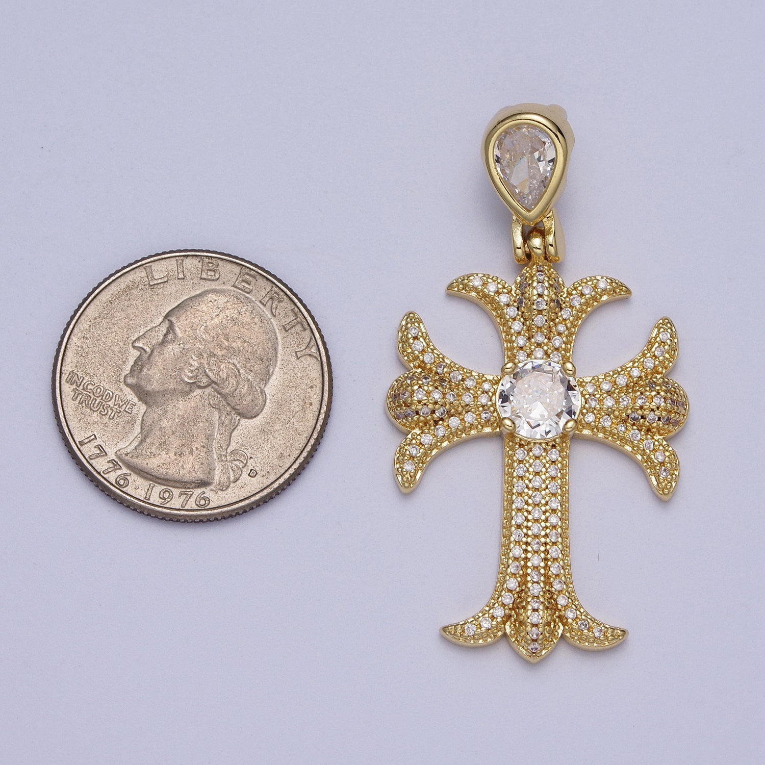 Gold-Filled Fleury Cross Micro Paved CZ Round Teardrop Pendant | H233 - DLUXCA