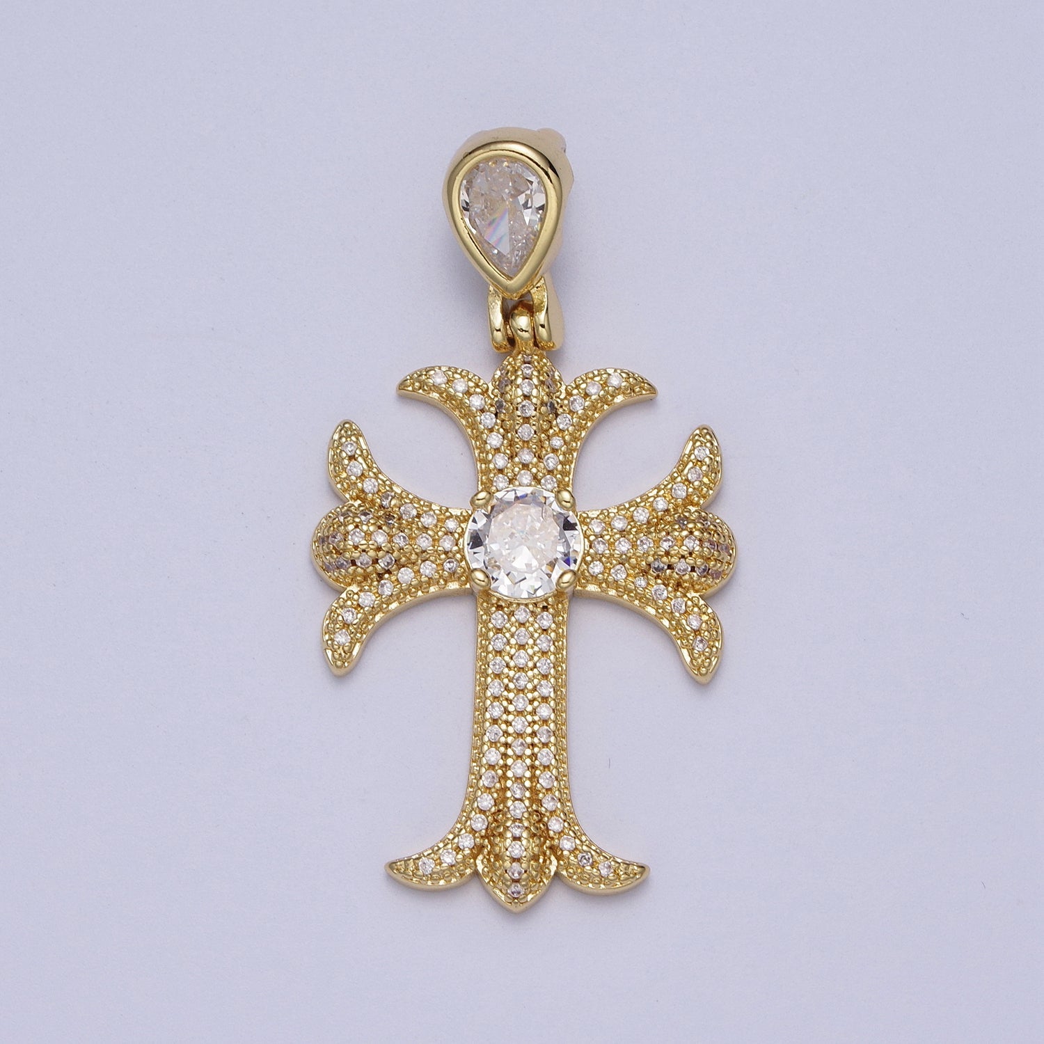 Gold-Filled Fleury Cross Micro Paved CZ Round Teardrop Pendant | H233 - DLUXCA