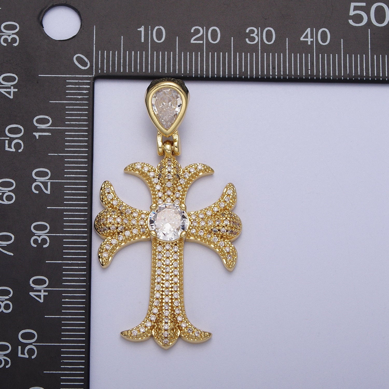 Gold-Filled Fleury Cross Micro Paved CZ Round Teardrop Pendant | H233 - DLUXCA