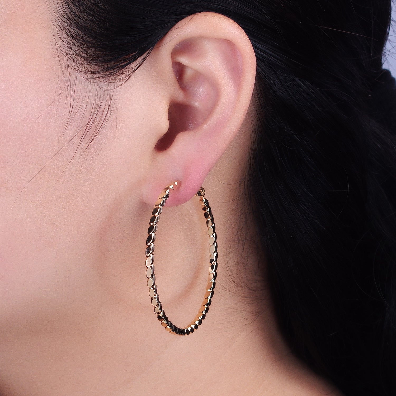 16K Gold Filled Oval Textured Geometric 40mm, 50mm Hinge Hoop Earrings in Gold & Silver | AB-1559 AB-1560 AB-1435 AB-1436