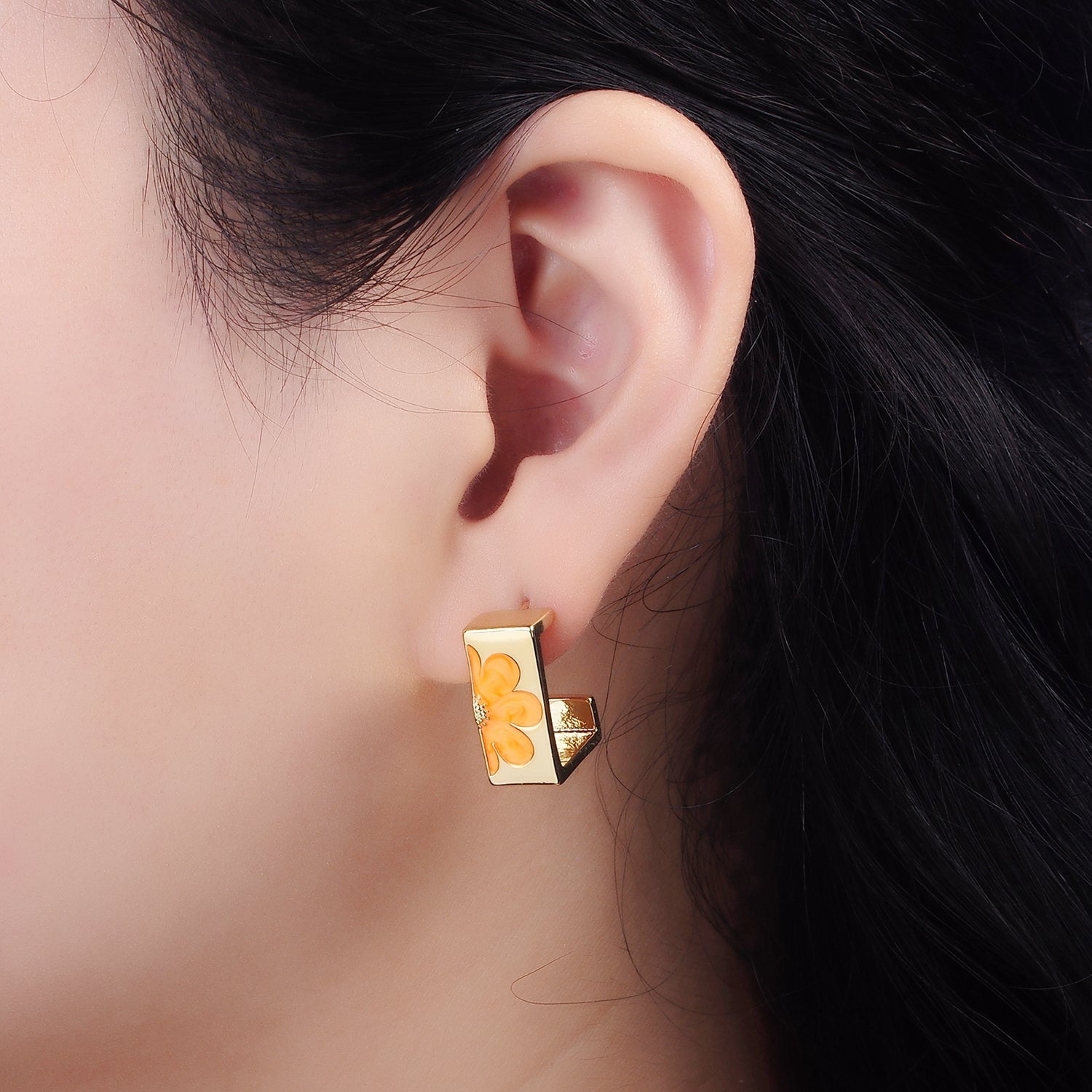 14K Gold Filled Orange Enamel Flower Nature Boxy J-Shaped Hoop Earrings Set | V056 - DLUXCA