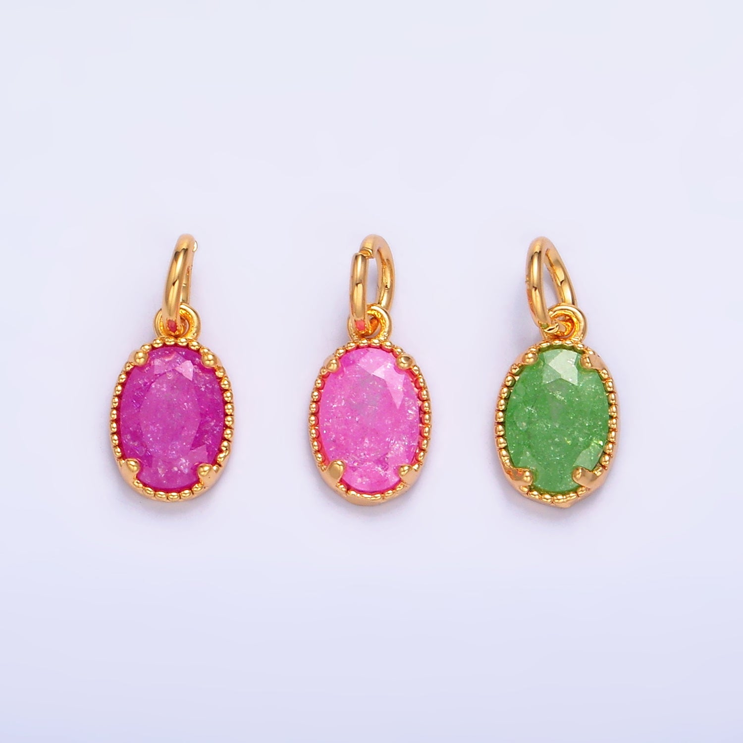 24K Gold Filled Green, Pink, Fuchsia Glitter CZ Oval Charm | W280 W281