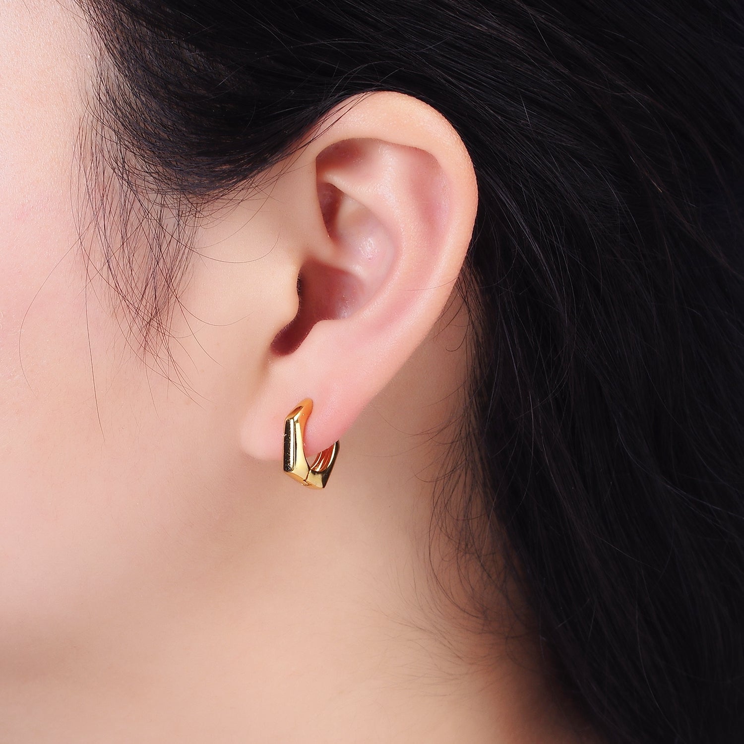 24K Gold Filled 13.5mm Rounded Hexagonal Huggie Earrings | AE810 - DLUXCA