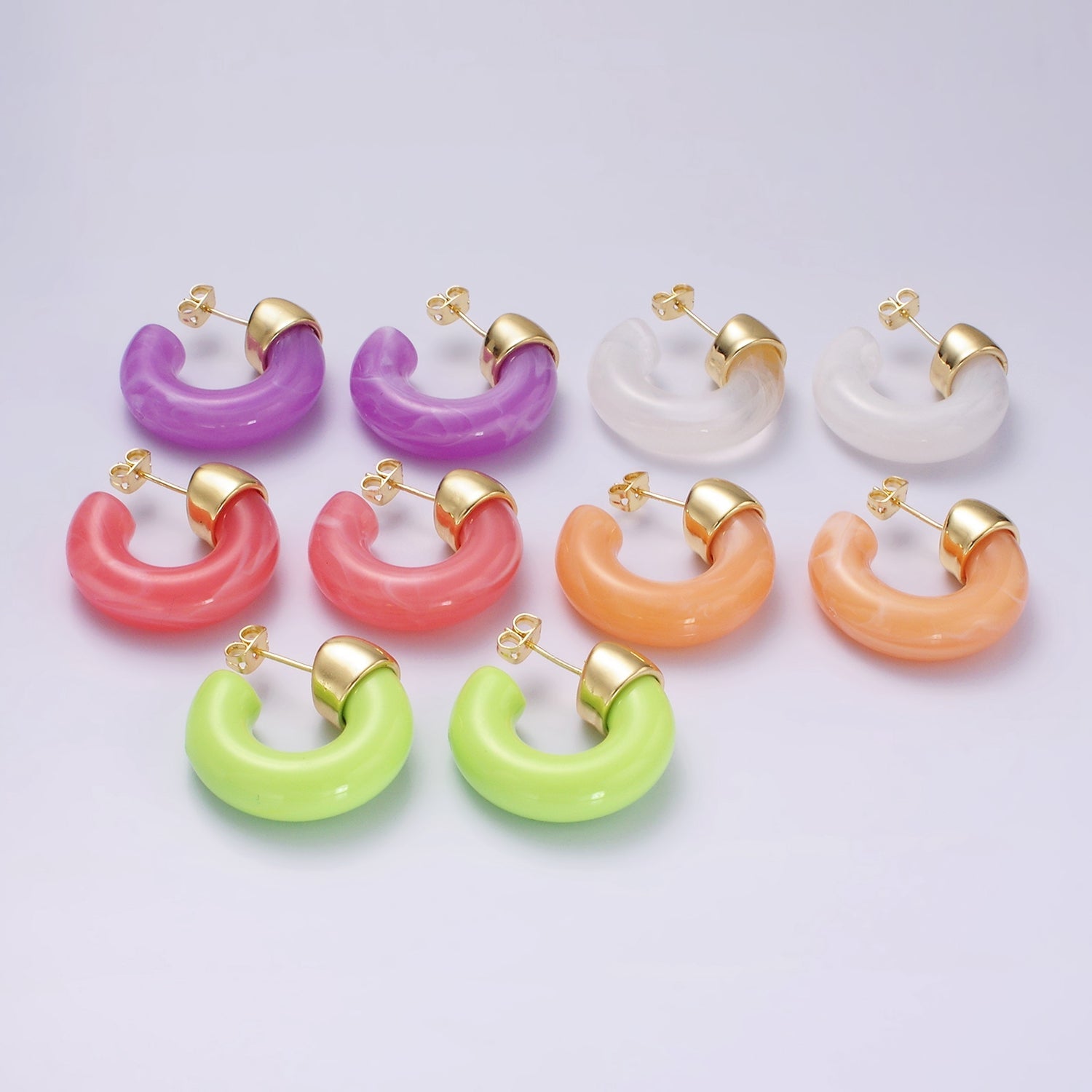 14K Gold Filled 25mm Green, Pink, Orange, White, Purple C-Shaped Resin Hoop Earrings | AE184 - AE188 - DLUXCA