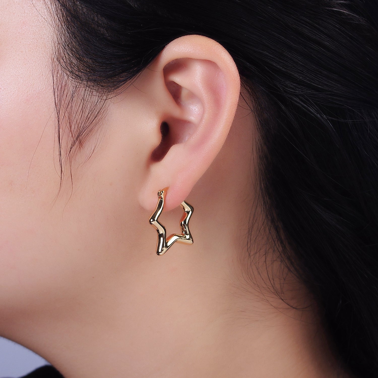16K Gold Filled Celestial Star Abstract Band French Lock Latch Hoop Earrings | AE088 - DLUXCA