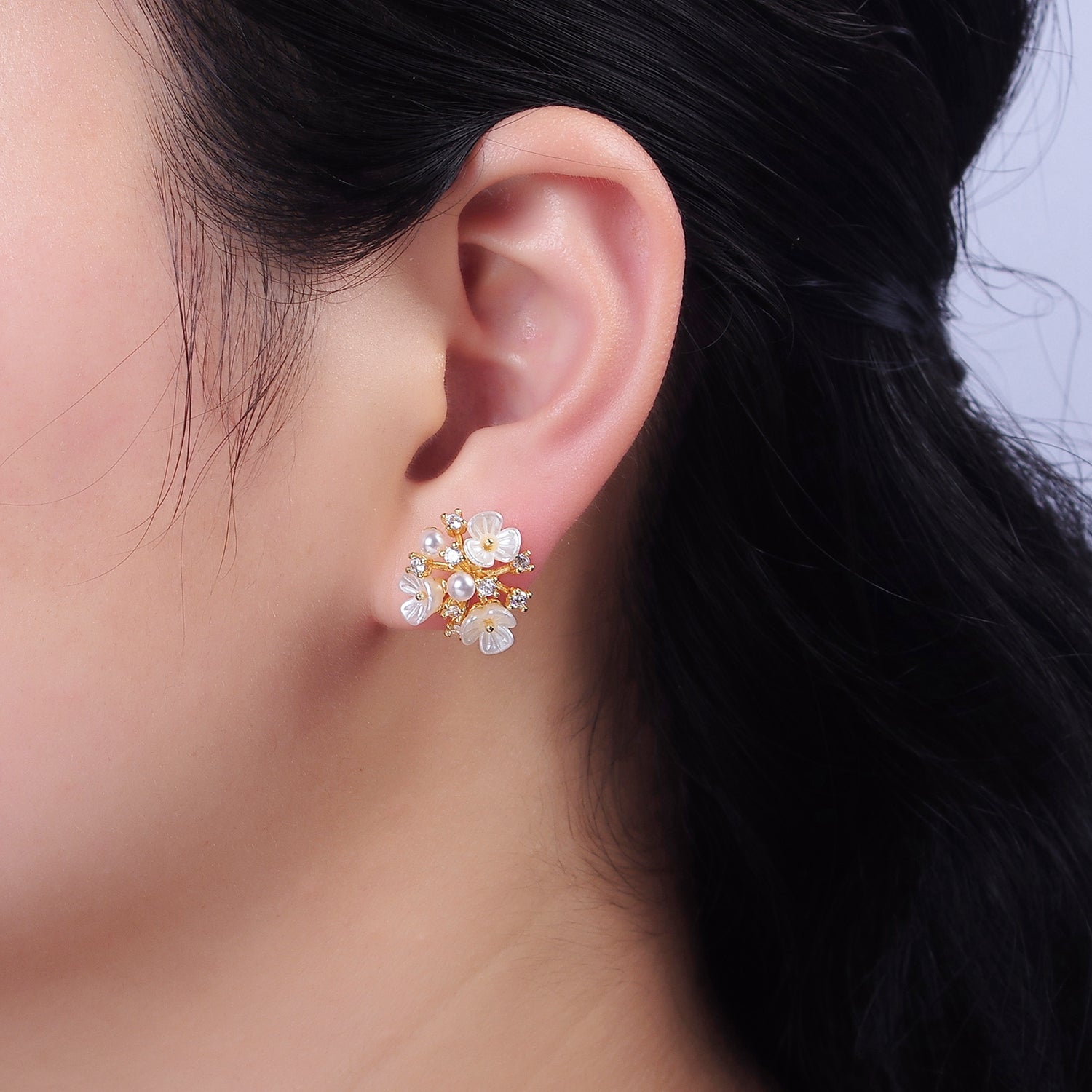 16K Gold Filled Pearl White Acrylic Flower Multiple Band Branch Clear CZ Stud Earrings in Gold & Silver | AE846 AE847 - DLUXCA