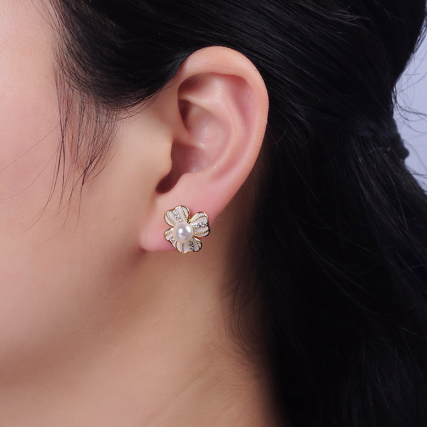 16K Gold Filled Pearl Ribbon Flower White Enamel Micro Paved CZ Stud Earrings in Gold & Silver | AE844 AE845 - DLUXCA