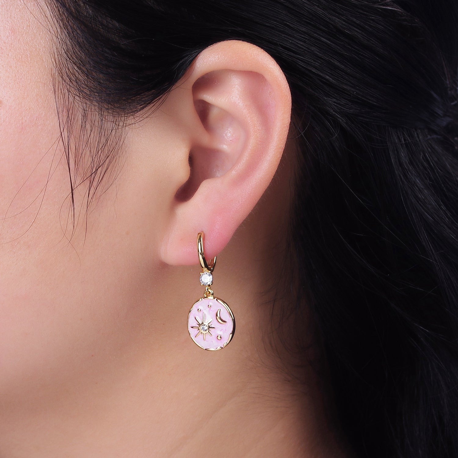 16K Gold Filled Celestial Sun Star Crescent Moon White, Blue, Pink Sparkly Enamel Round Stamped CZ Drop Huggie Earrings | AE831 - AE833 - DLUXCA