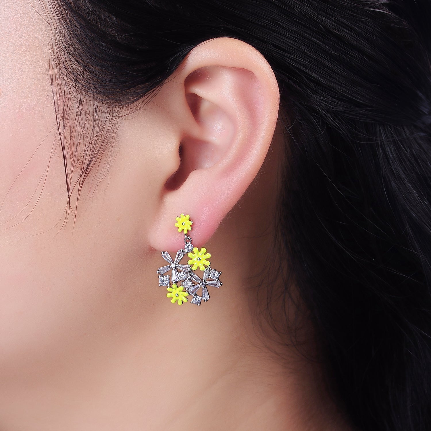 16K Gold Filled Pink, White Enamel Flower Baguette Drop Stud Earrings in Gold & Sliver | AE334 - AE460 - DLUXCA