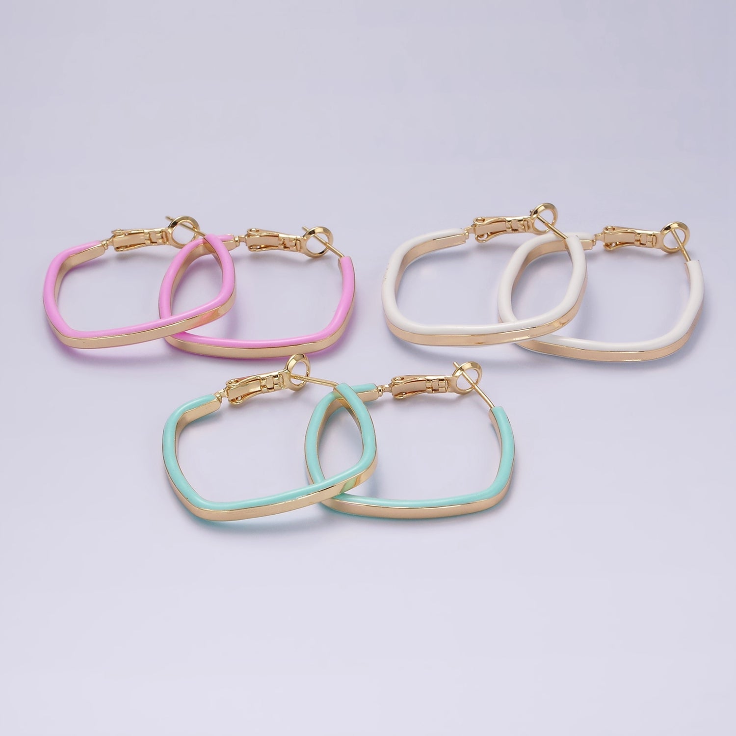 14K Gold Filled White, Pink, Blue Enamel Boxy Rhombus Hinge Hoop Earrings | AE180 - AE182 - DLUXCA