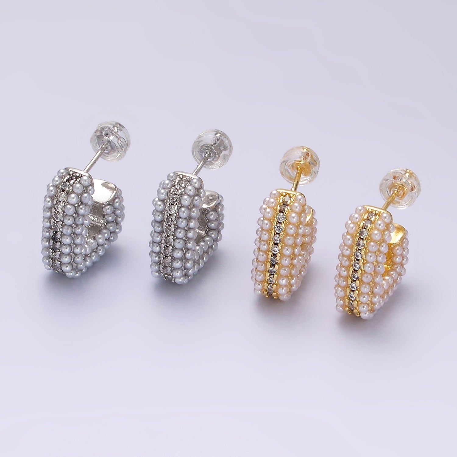 14K Gold FIlled 15mm Pearl Micro Paved CZ Lined Boxy J-Shaped Earrings in Gold & Silver | AE1007 AE1008 - DLUXCA