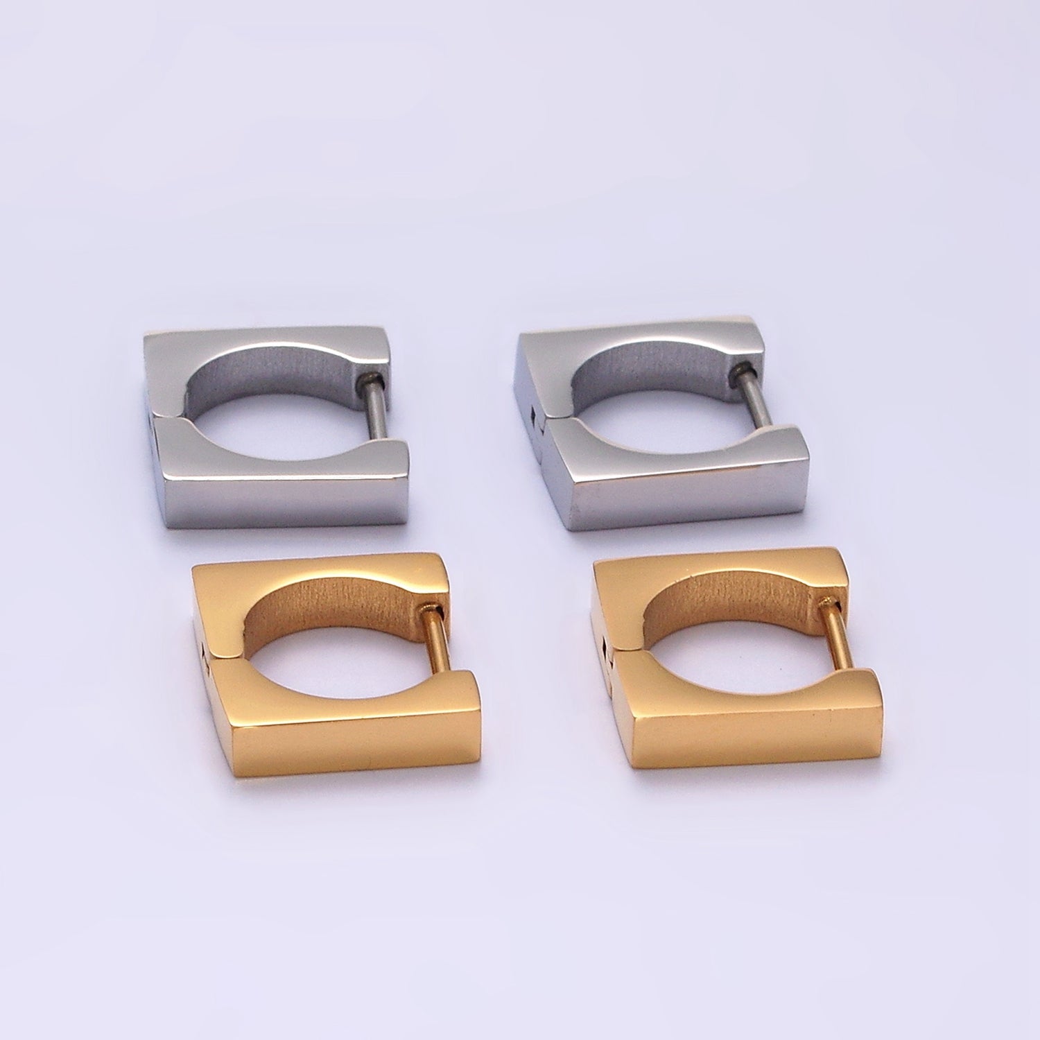 Stainless Steel 11mm Flat Square Cartilage Huggie Earrings in Gold & Silver | V193 V194 - DLUXCA