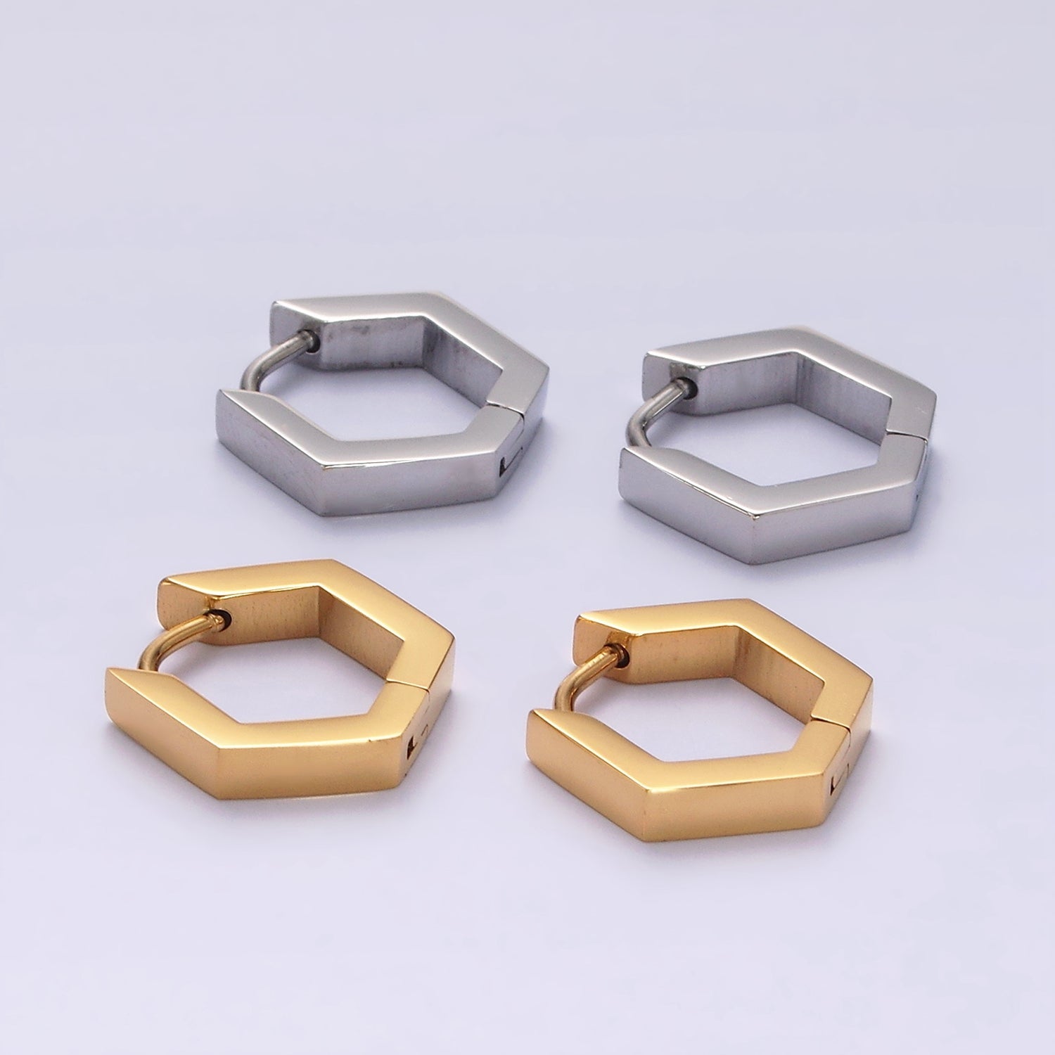 Stainless Steel 14mm Flat Hexagon Minimalist Huggie Earrings in Gold & Silver | V195 V196 - DLUXCA