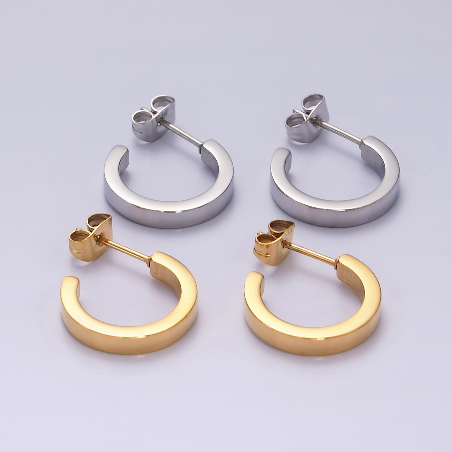 Stainless Steel 15.7mm Flat Minimalist C-Shaped Hoop Earrings in Gold & Silver | V189 V190 - DLUXCA