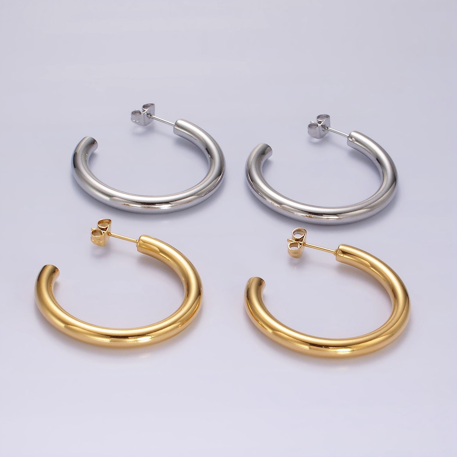 Stainless Steel 30mm, 35mm, 40mm Minimalist C-Shaped Hoop Earrings in Gold & Silver | AE223 - AE228 - DLUXCA