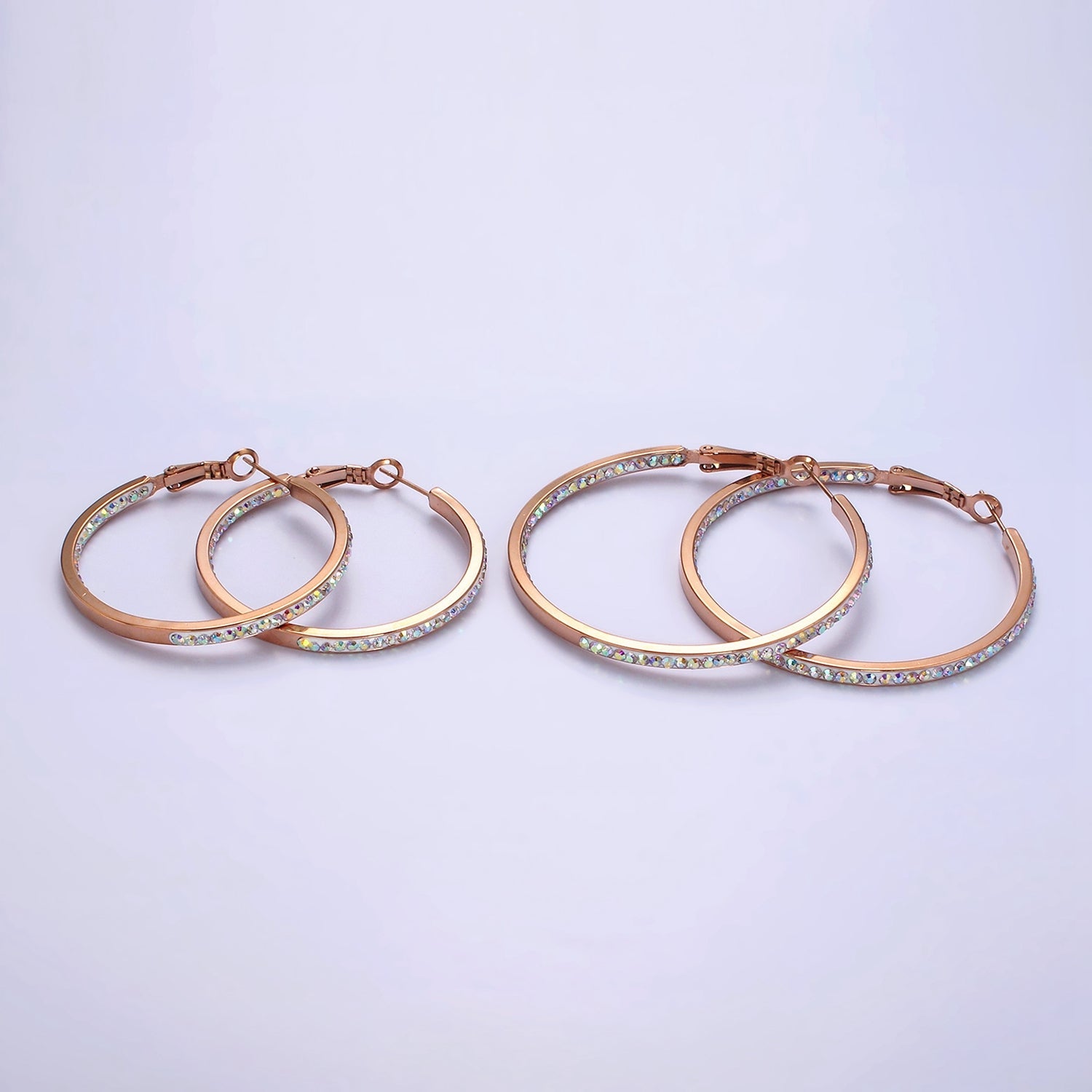 Stainless Steel 50mm, 40mm Iridescent CZ Lined Front-Facing Hinge Hoop Earrings | AE101 AE102 - DLUXCA