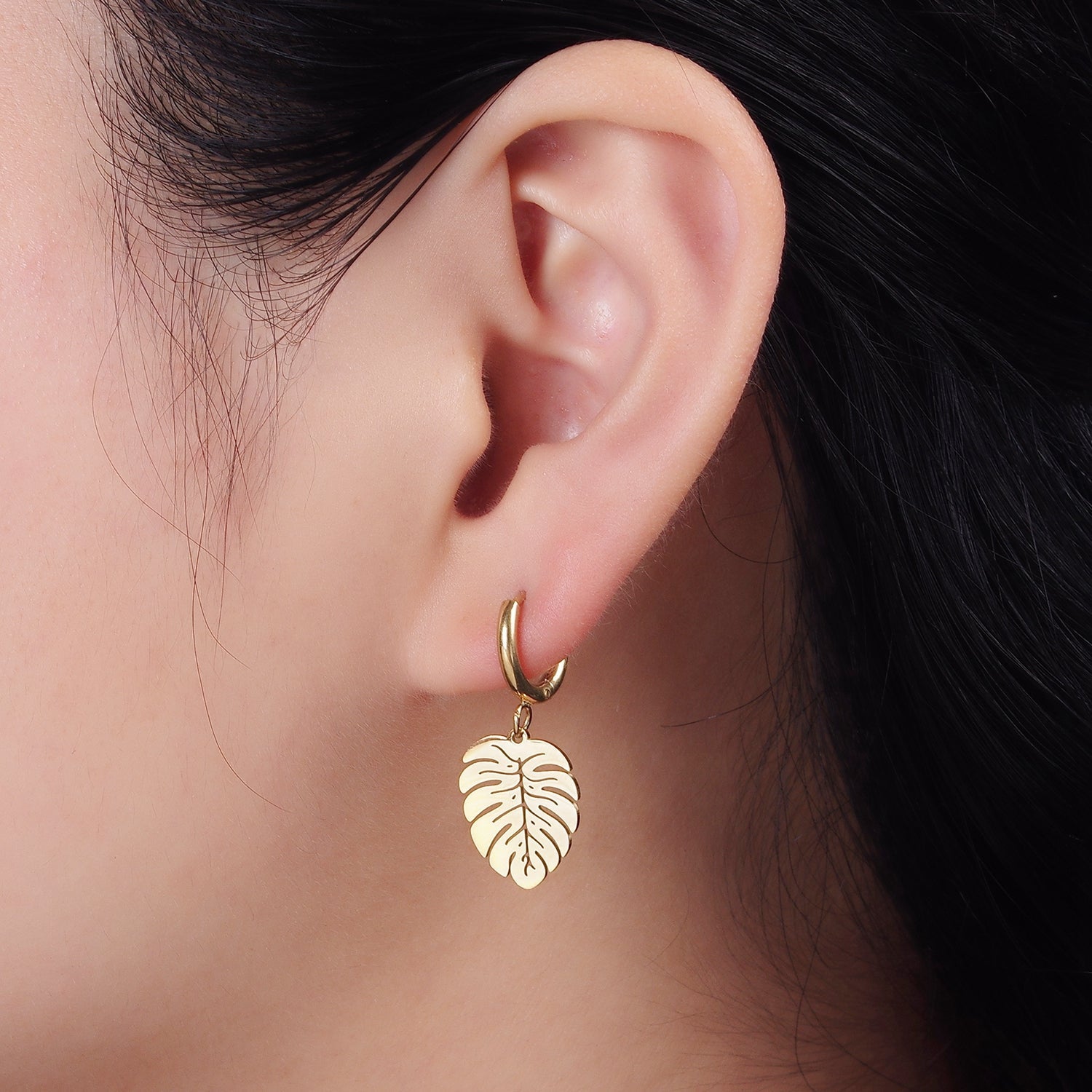 Stainless Steel Monstera Palm Leaf Drop Huggie Earrings | AE705 - DLUXCA