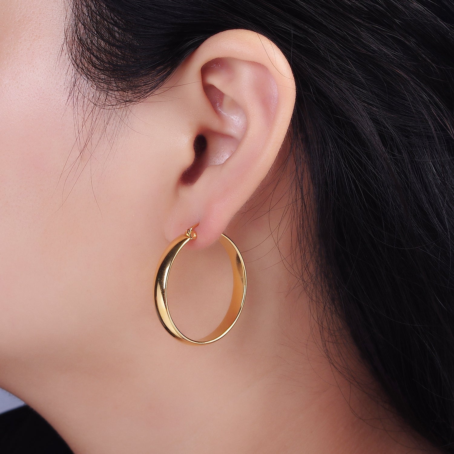 Stainless Steel 35mm, 45mm, 55mm Minimalist Thin Wide Latch Hoop Earrings | AE229 - AE234 - DLUXCA