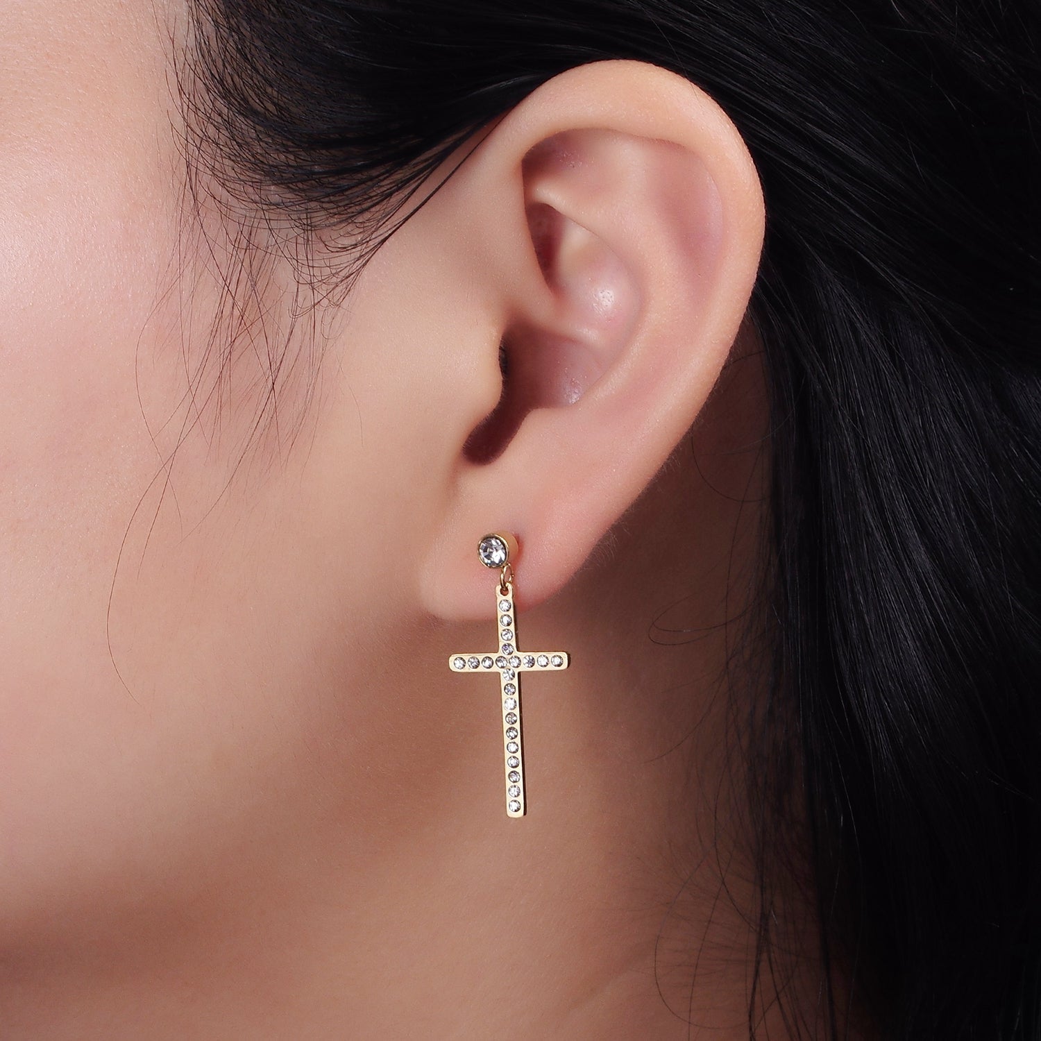 Stainless Steel Latin Cross Drop Clear CZ Stud Earrings | AE718 - DLUXCA