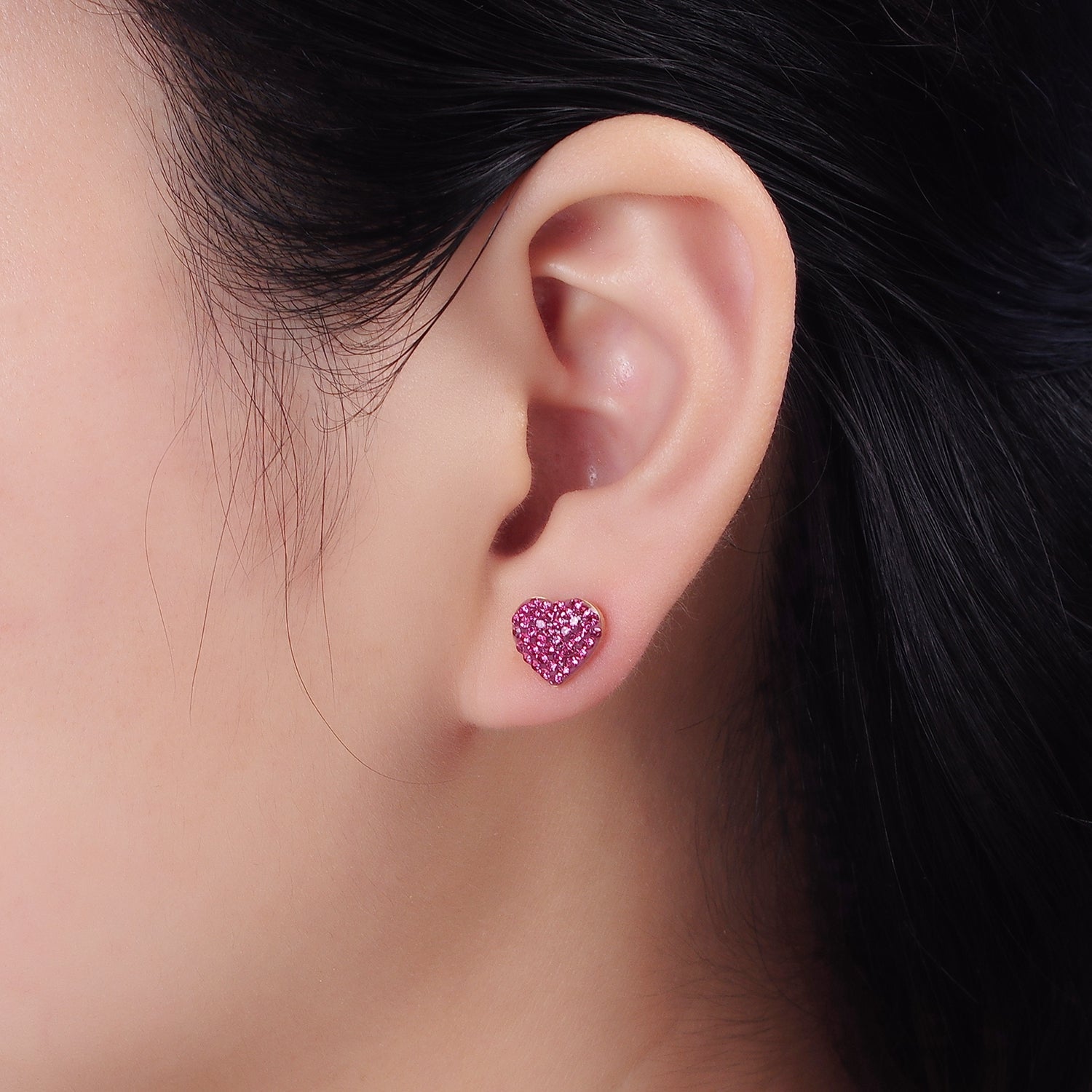 Stainless Steel 9mm Hot Pink Micro Paved CZ Heart Stud Earrings | AE736 - DLUXCA