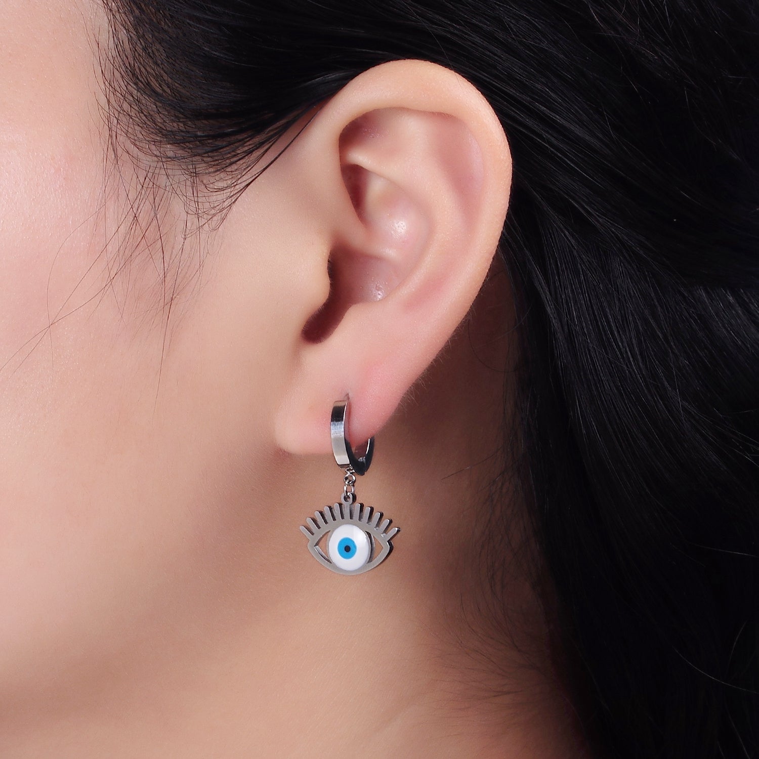 Stainless Steel Evil Eye Lash Enamel Drop Huggie Earrings | AE724 - DLUXCA